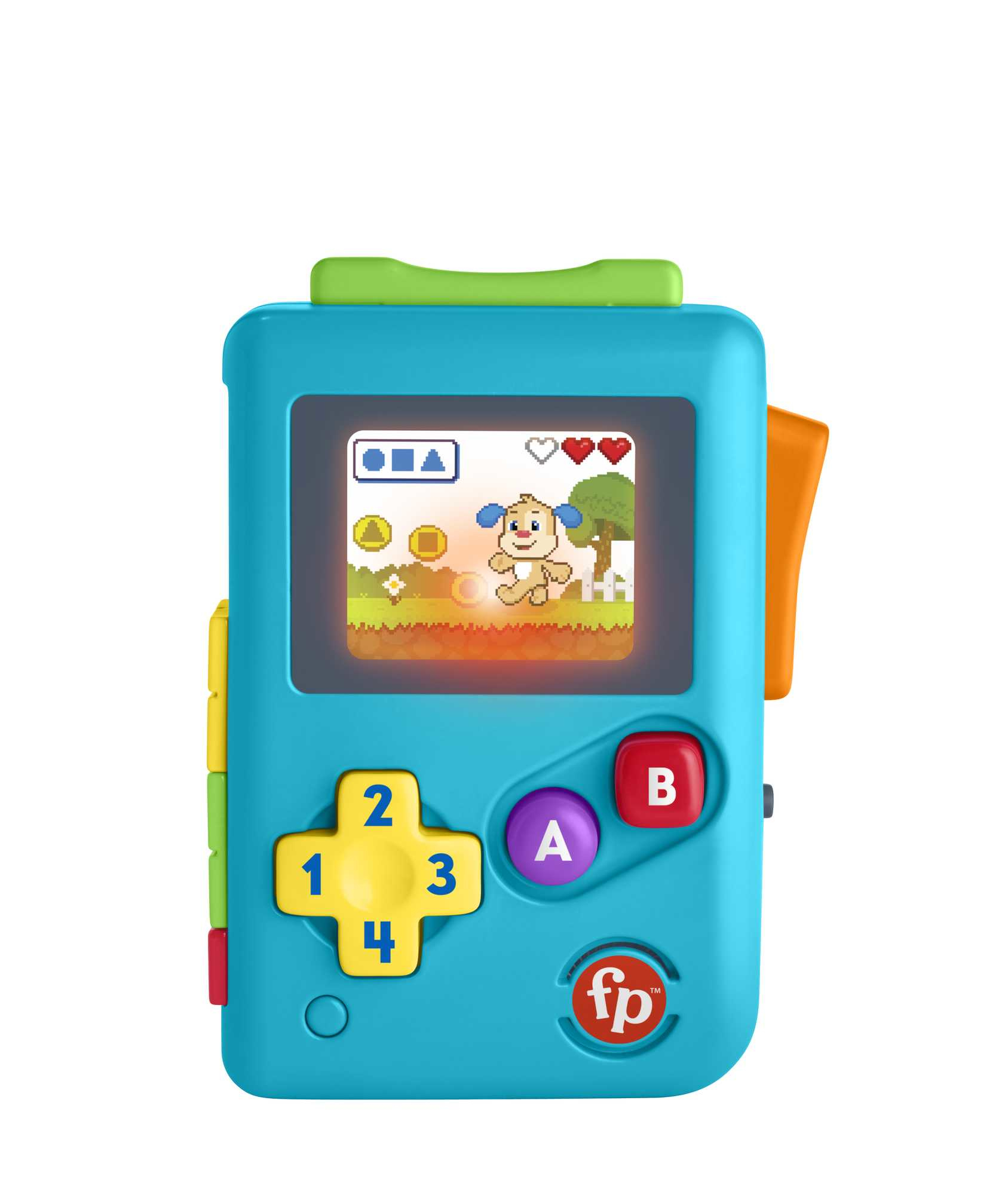 Una consola de juguete azul de Fisher-Price con pantalla y botones de colores.