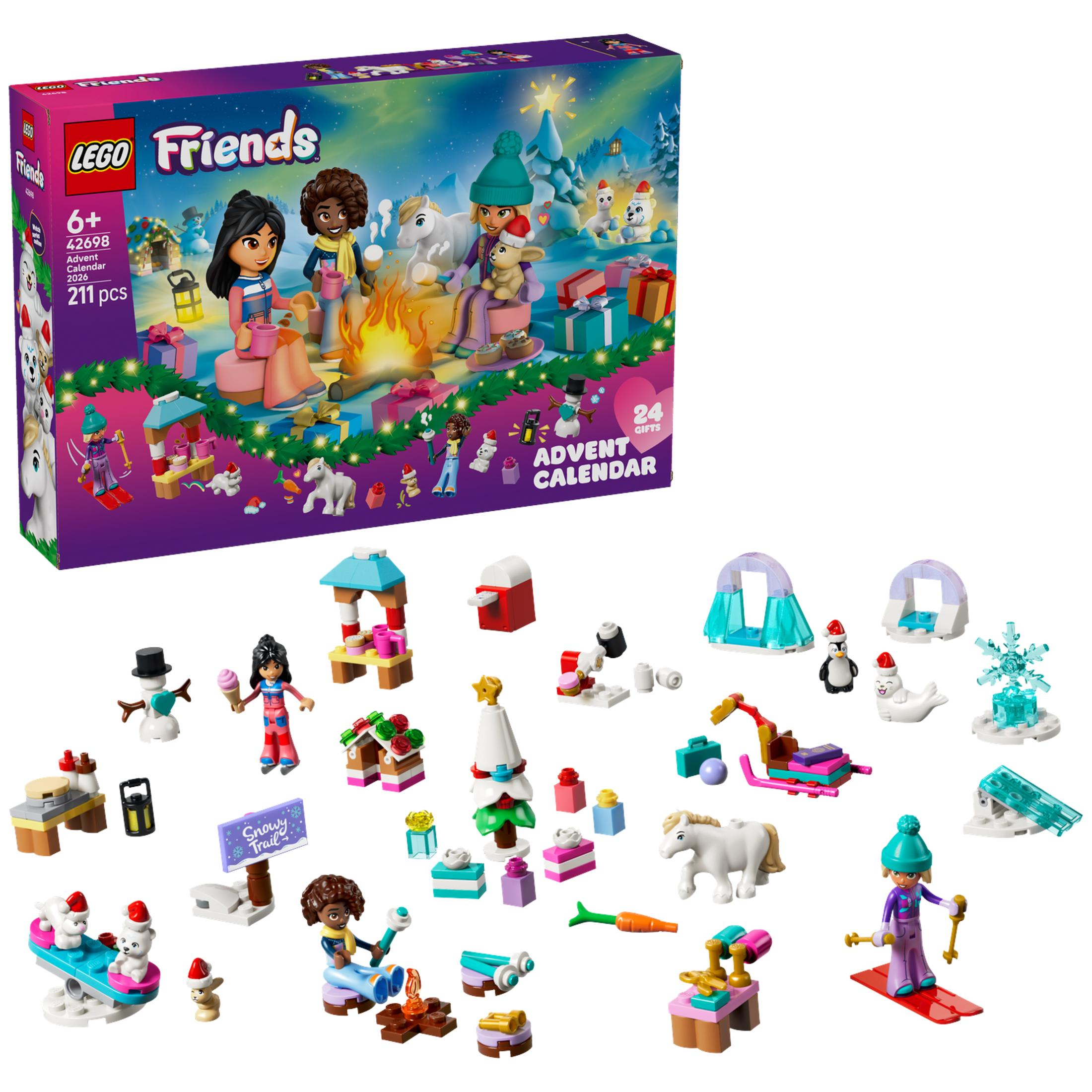Pudełko kalendarza adwentowego Lego Friends z postaciami, minikonstrukcjami i zabawkami.