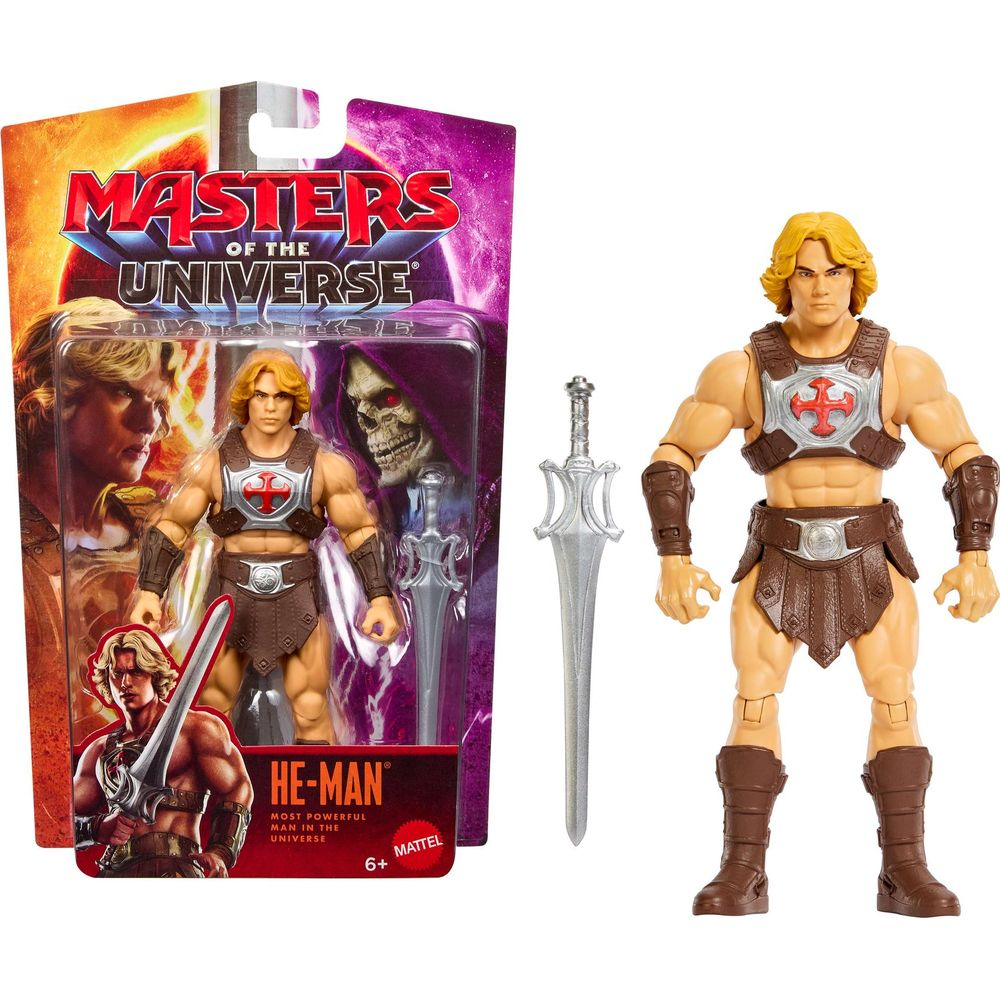 Figura de acción de He-Man con espada y su embalaje original de Masters del Universo.