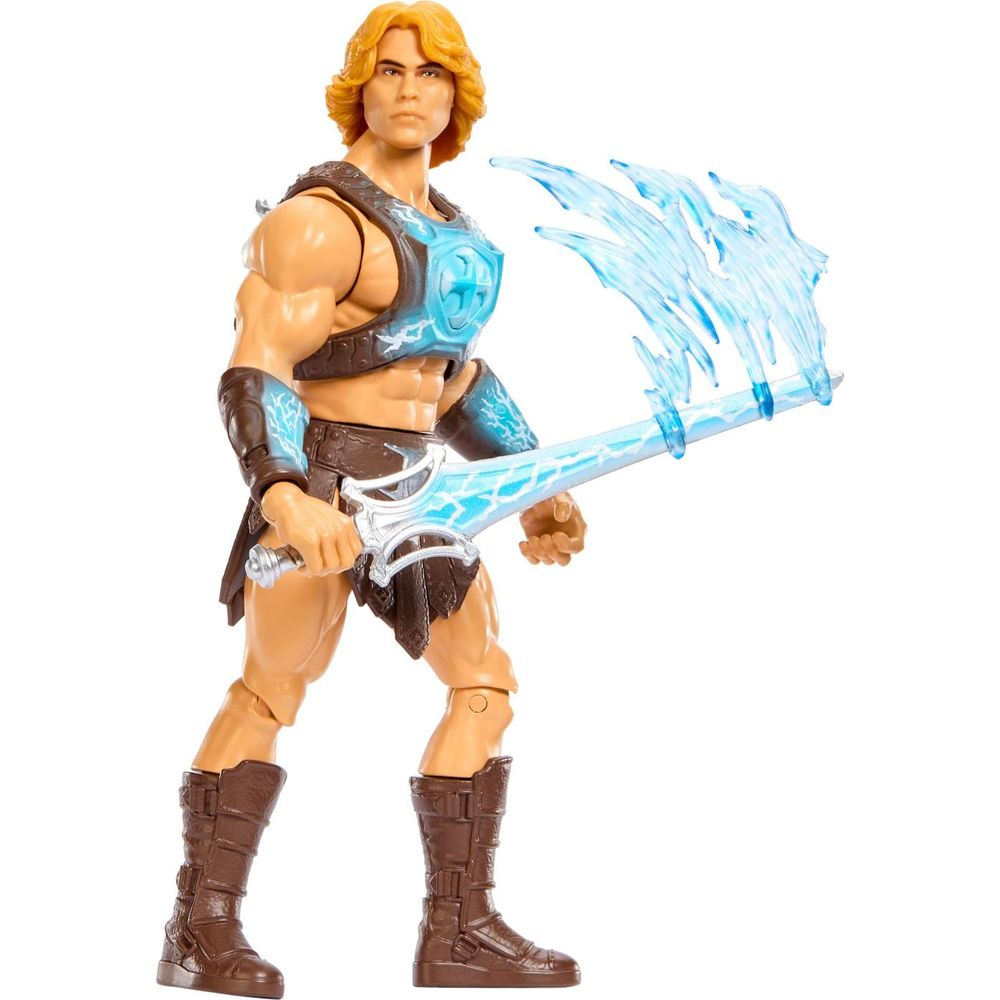 Figura de acción musculosa con cabello rubio, armadura marrón y una espada de energía azul brillante.