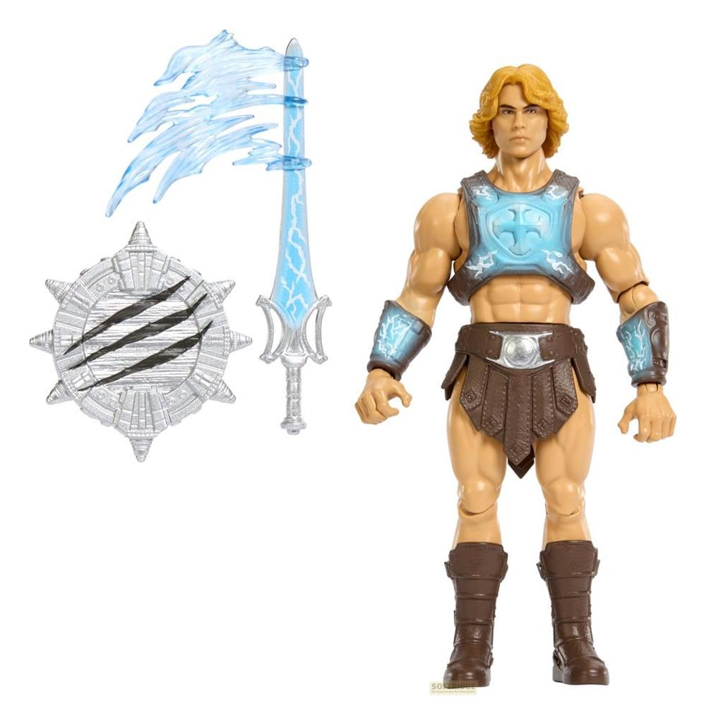 Figura de acción musculosa con cabello rubio, armadura azul, espada, escudo y efecto de energía azul sobre fondo blanco.