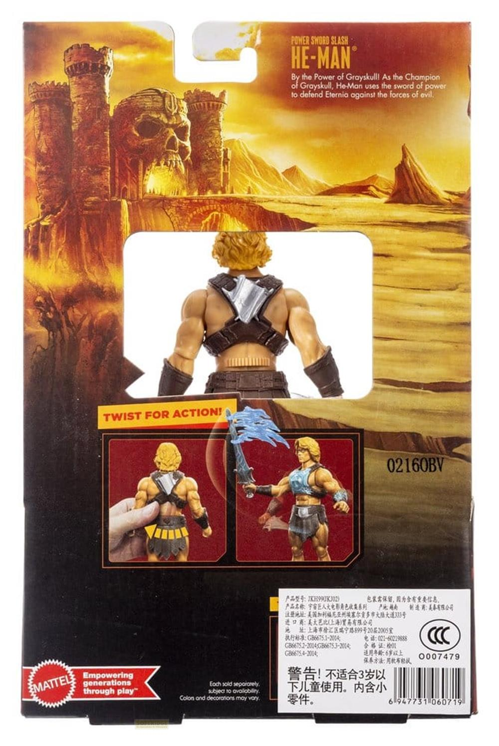 Parte trasera de un empaque de figura de acción de He-Man con el héroe visto de espaldas y una ilustración de acción.