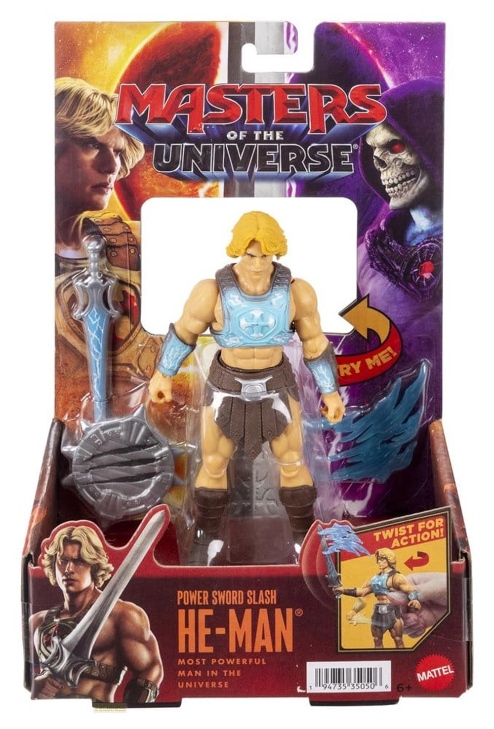Figura de acción de He-Man de Masters of the Universe con espada en su empaque.