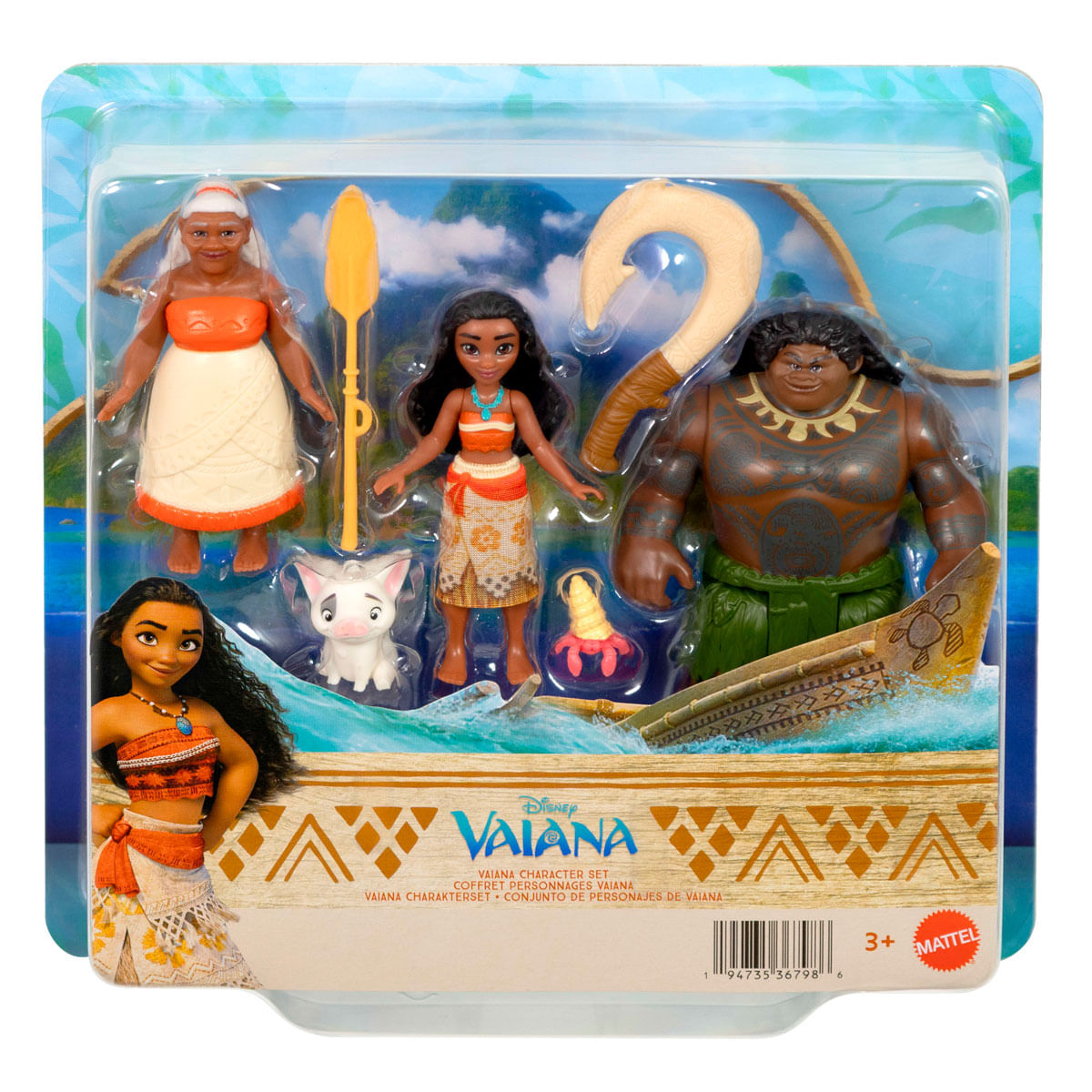 Set de juguetes de Moana en caja con figuras de Moana, Maui, abuela Tala, Pua, barca y accesorios.