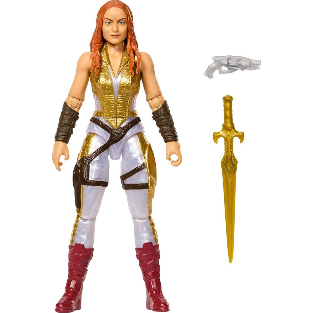 Una figura de acción femenina con cabello rojo, armadura blanca y dorada, botas, una espada y una pistola.