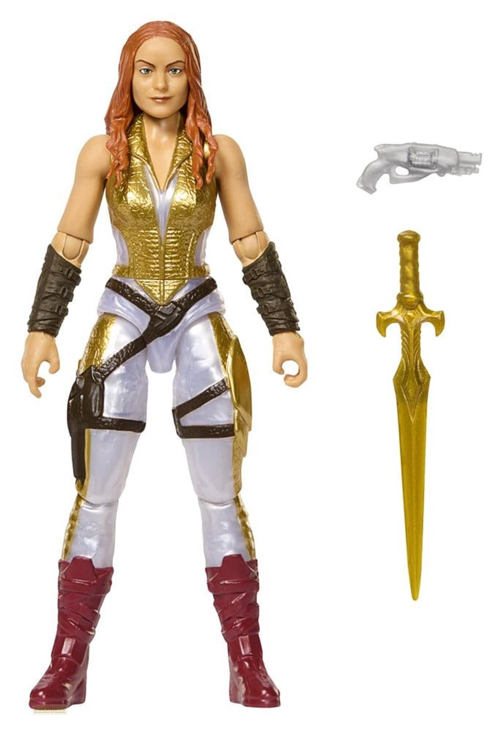 Figura de acción de una mujer pelirroja con armadura blanca y dorada, con pistola y espada sobre fondo blanco.