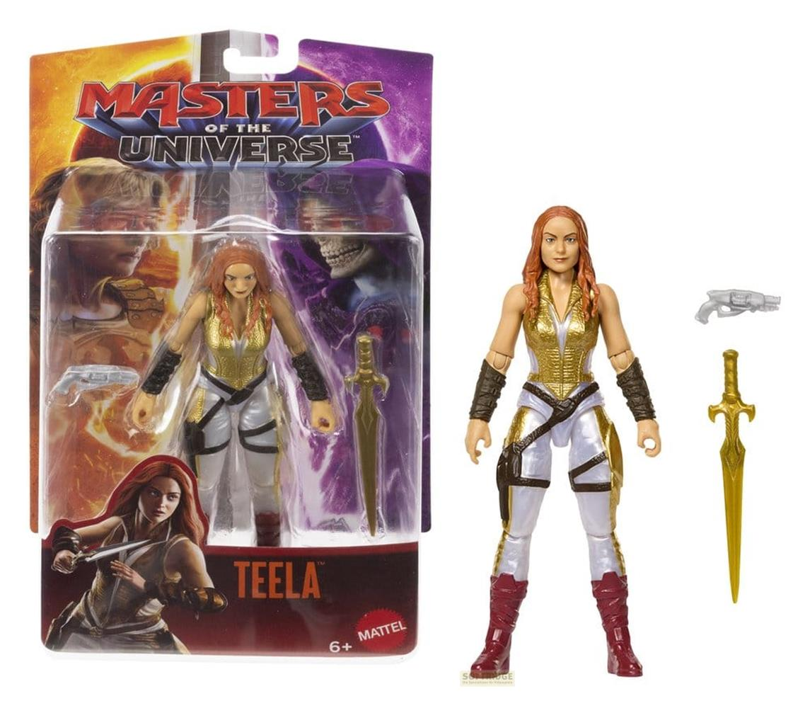 Figura de acción de Teela de Masters of the Universe con empaque, espada y pistola.