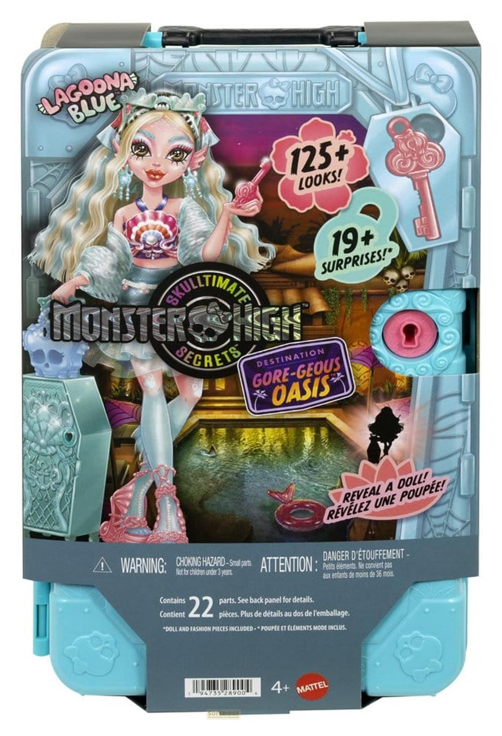 Muñeca Monster High Lagoona Blue en caja azul con cerradura y 19 sorpresas.