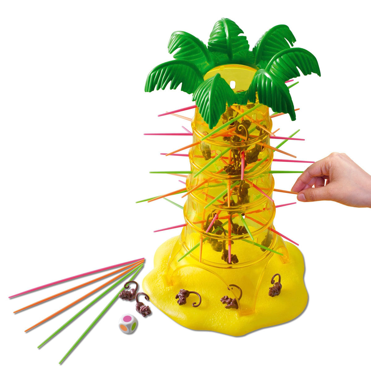 Un árbol de juguete de plástico amarillo con hojas verdes, palos coloridos y pequeños monos.