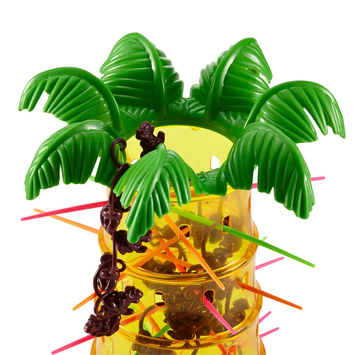Un juego de palmera de plástico con niveles amarillos, hojas verdes, palos de colores y monos colgando.