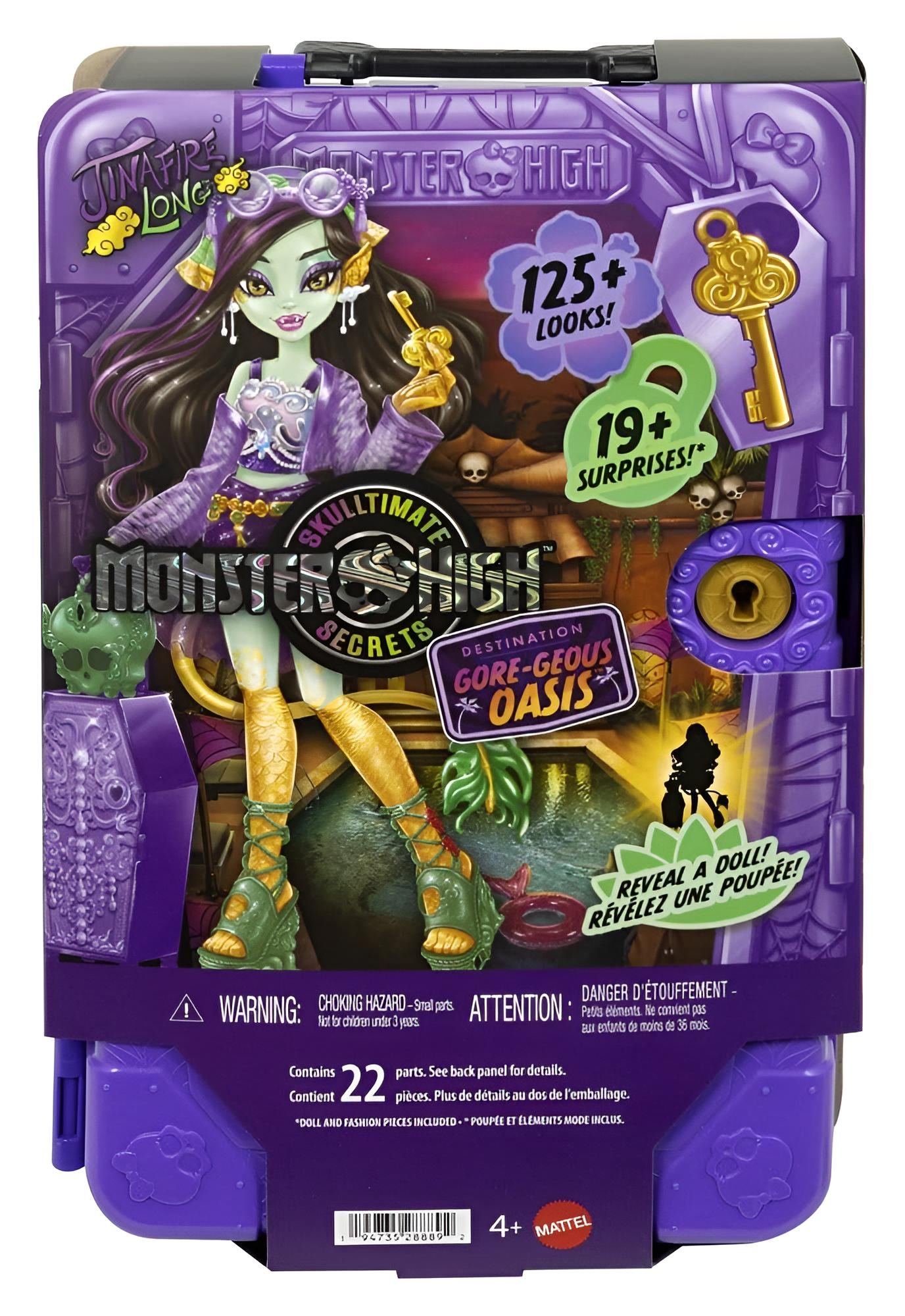 Caja de muñeca Monster High Jinafire Long con diseño morado, llave dorada y sorpresas.