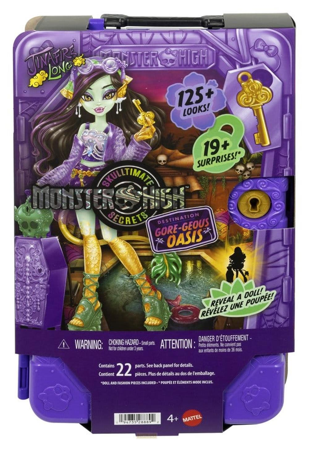 Juego morado Monster High Skultimate Secrets con muñeca Jinafire Long y llaves.