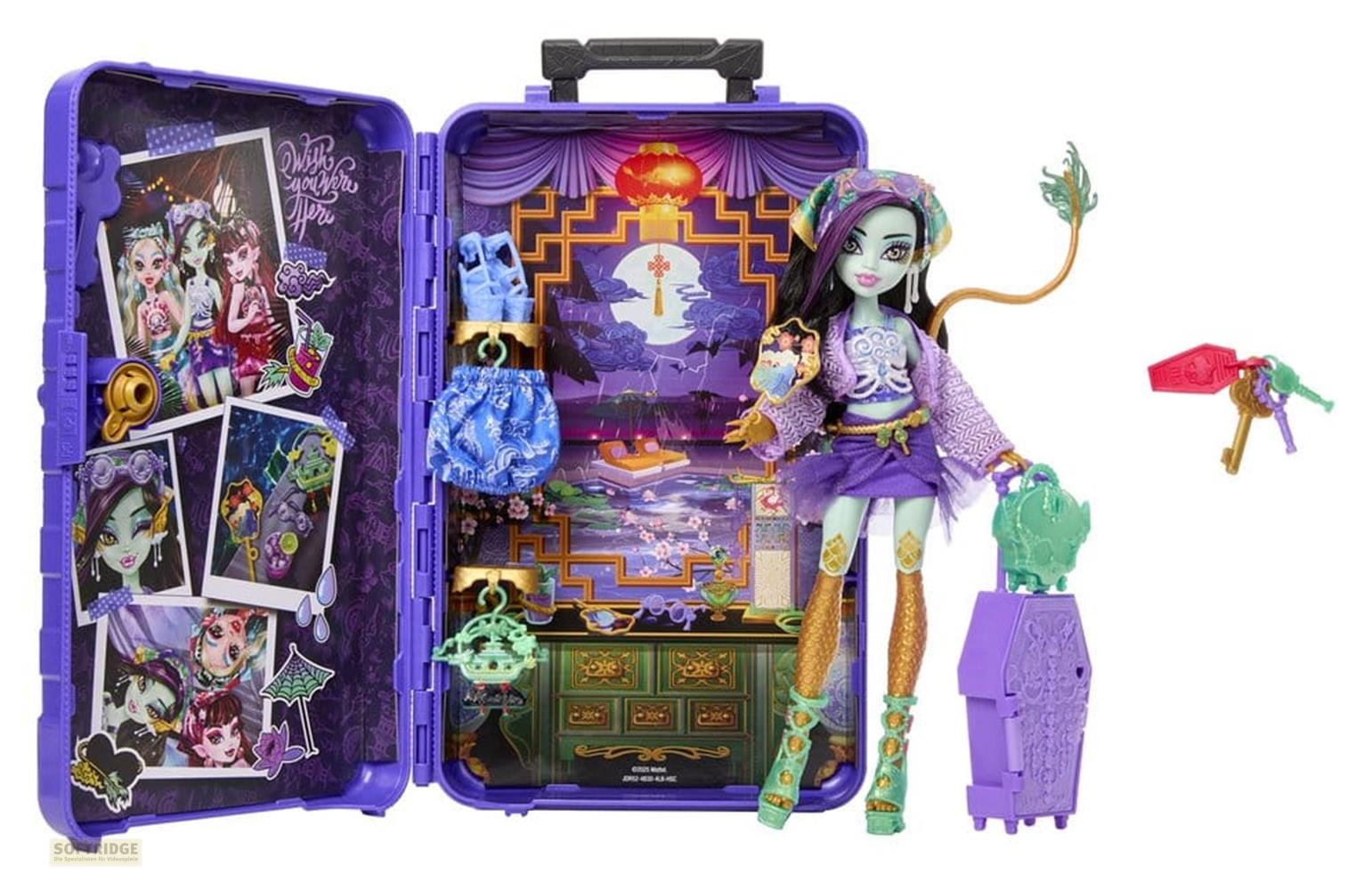 Juego de maleta morada con muñeca Monster High de piel verde, pelo morado y accesorios.