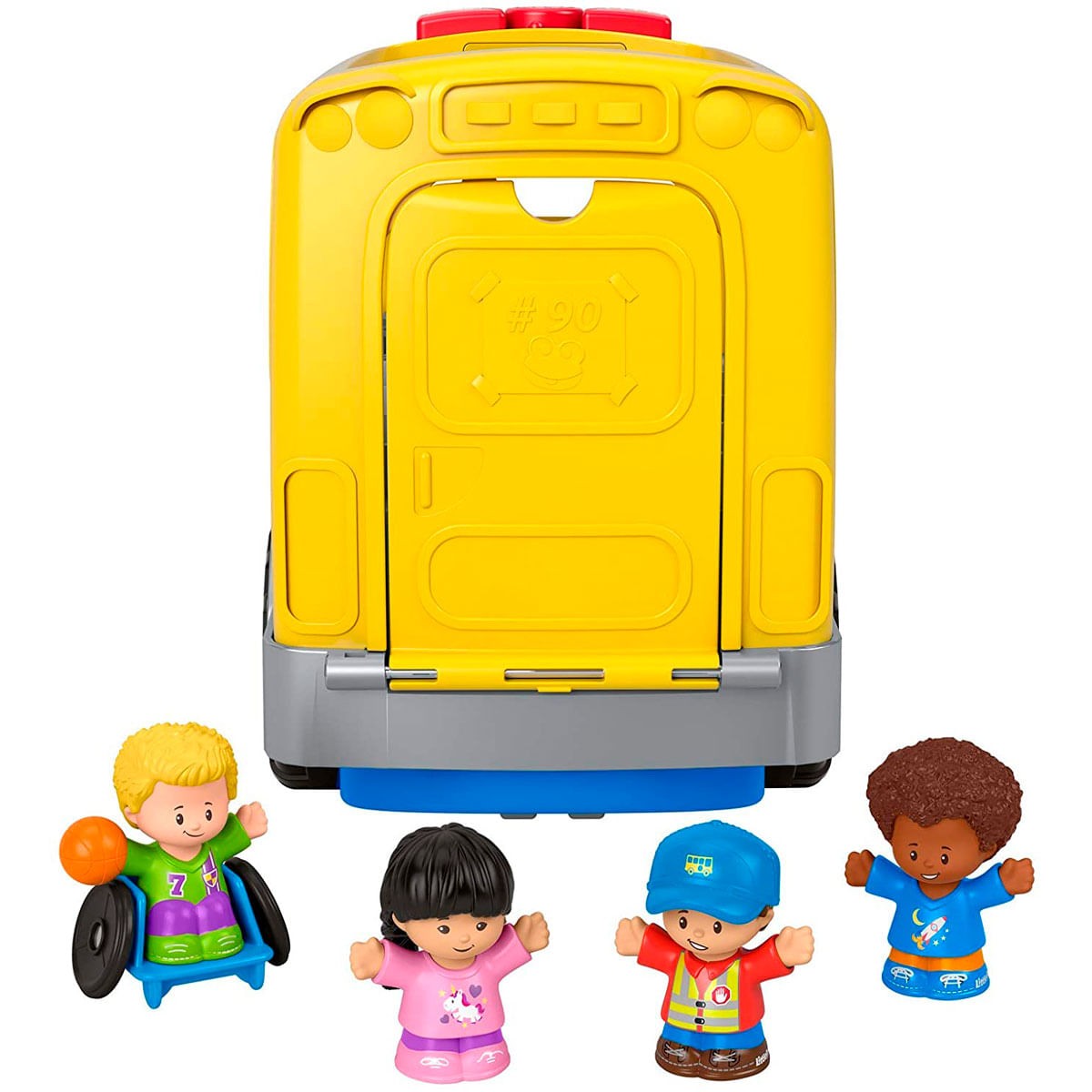 Un autobús escolar de juguete amarillo está detrás de cuatro pequeñas figuras de colores.