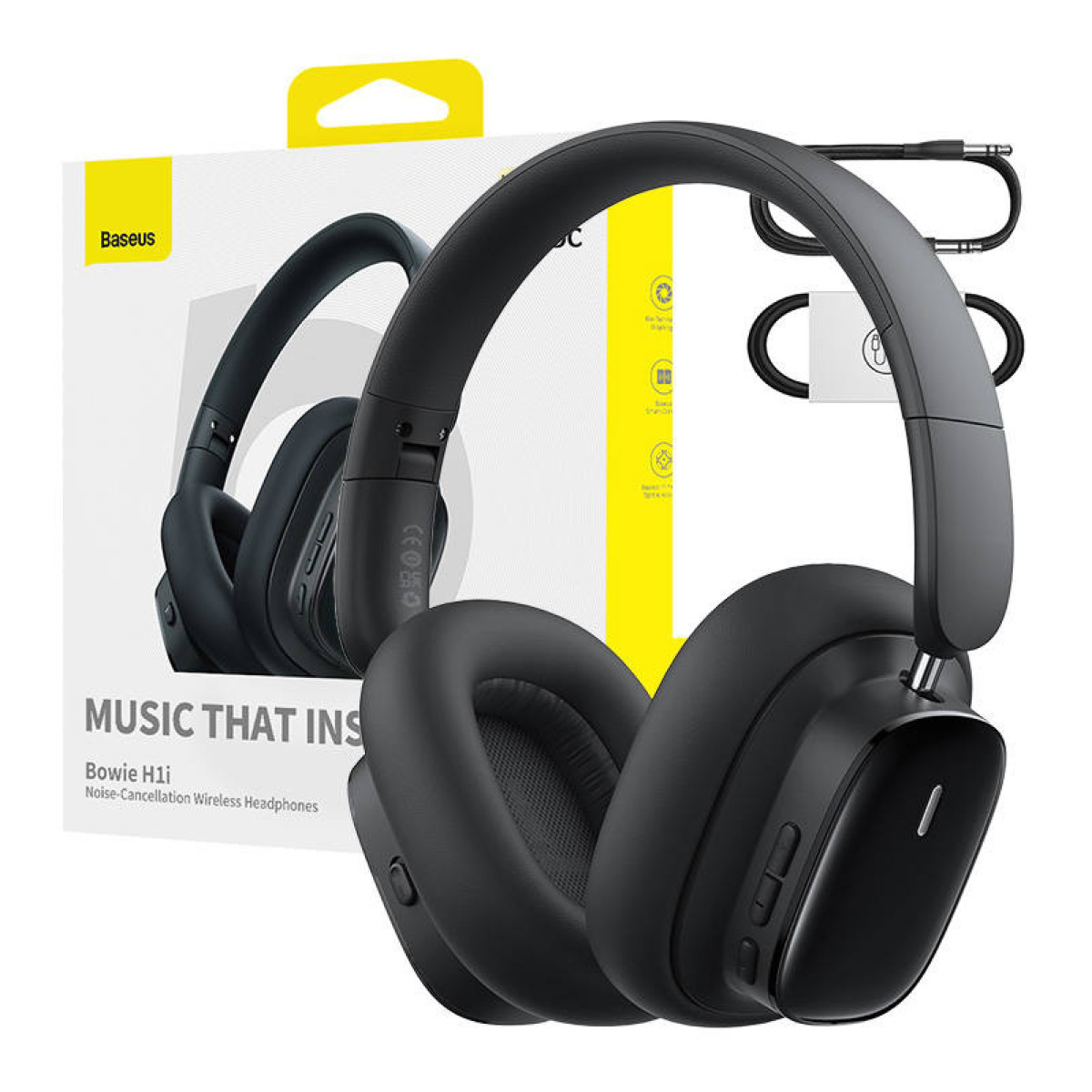 Auriculares supraaurales inalámbricos Baseus Bowie H1i negros frente a su caja de producto impresa.