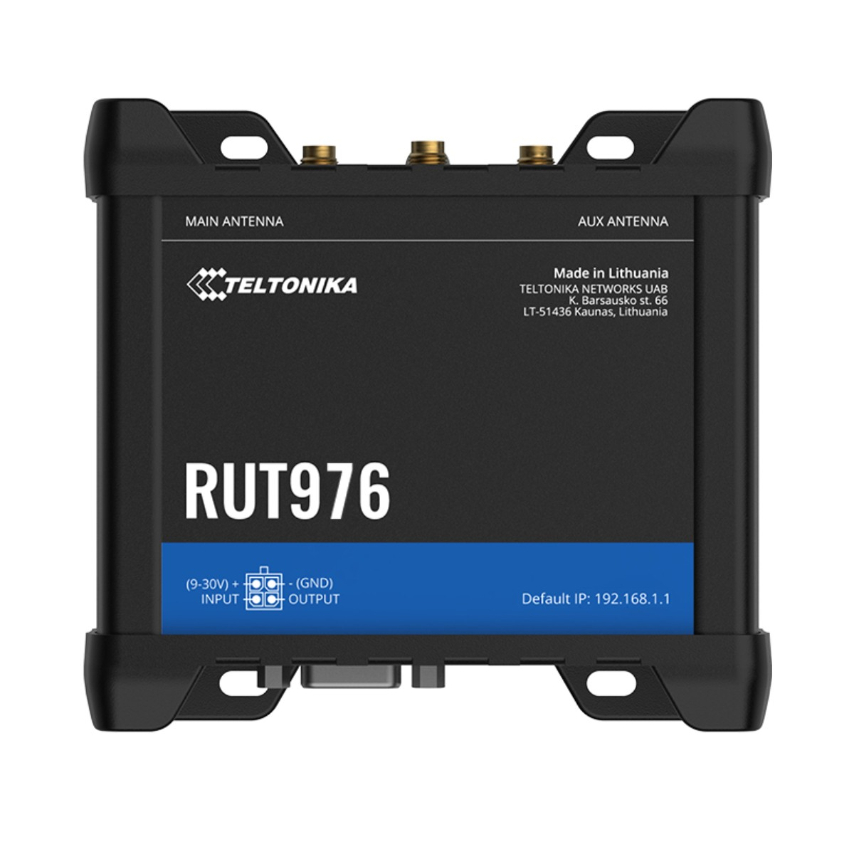 Dispositivo router industrial Teltonika RUT976 negro con una barra de acento azul y conectores de antena.