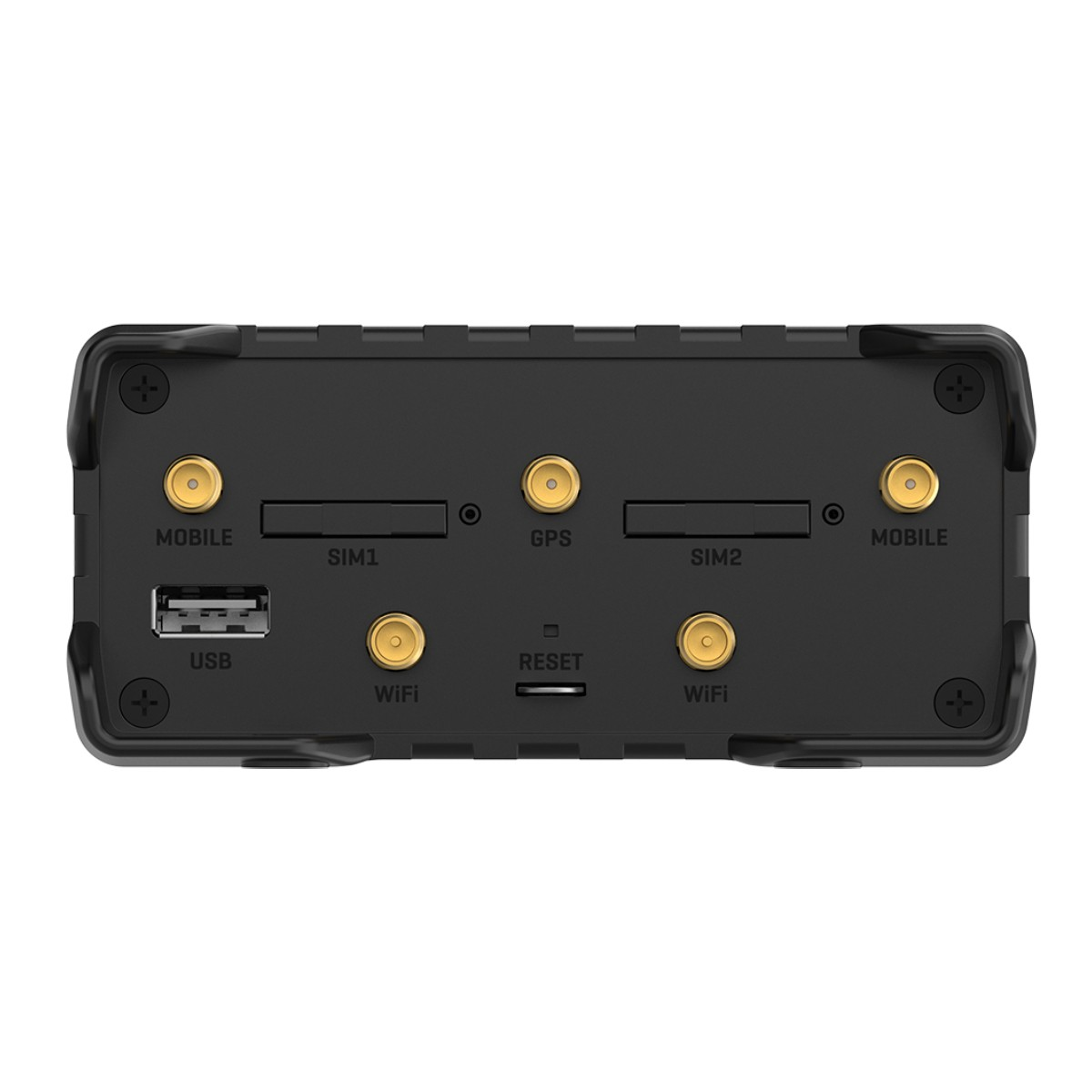 Panel trasero de un router negro con puertos para USB, SIM, GPS, WiFi y red móvil.