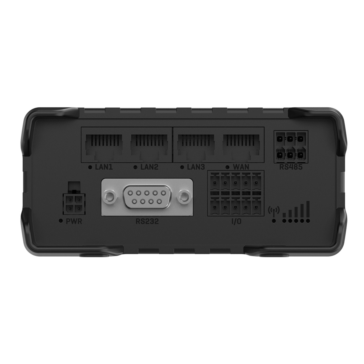 Panel de enrutador industrial negro que muestra puertos LAN, WAN, RS485, RS232, E/S y alimentación con indicador de señal.