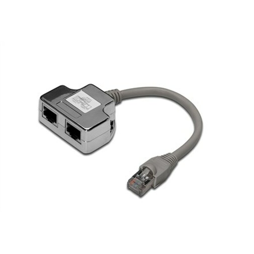 Szary rozdzielacz ethernet z dwoma portami i krótkim podłączonym kablem sieciowym na białym tle.