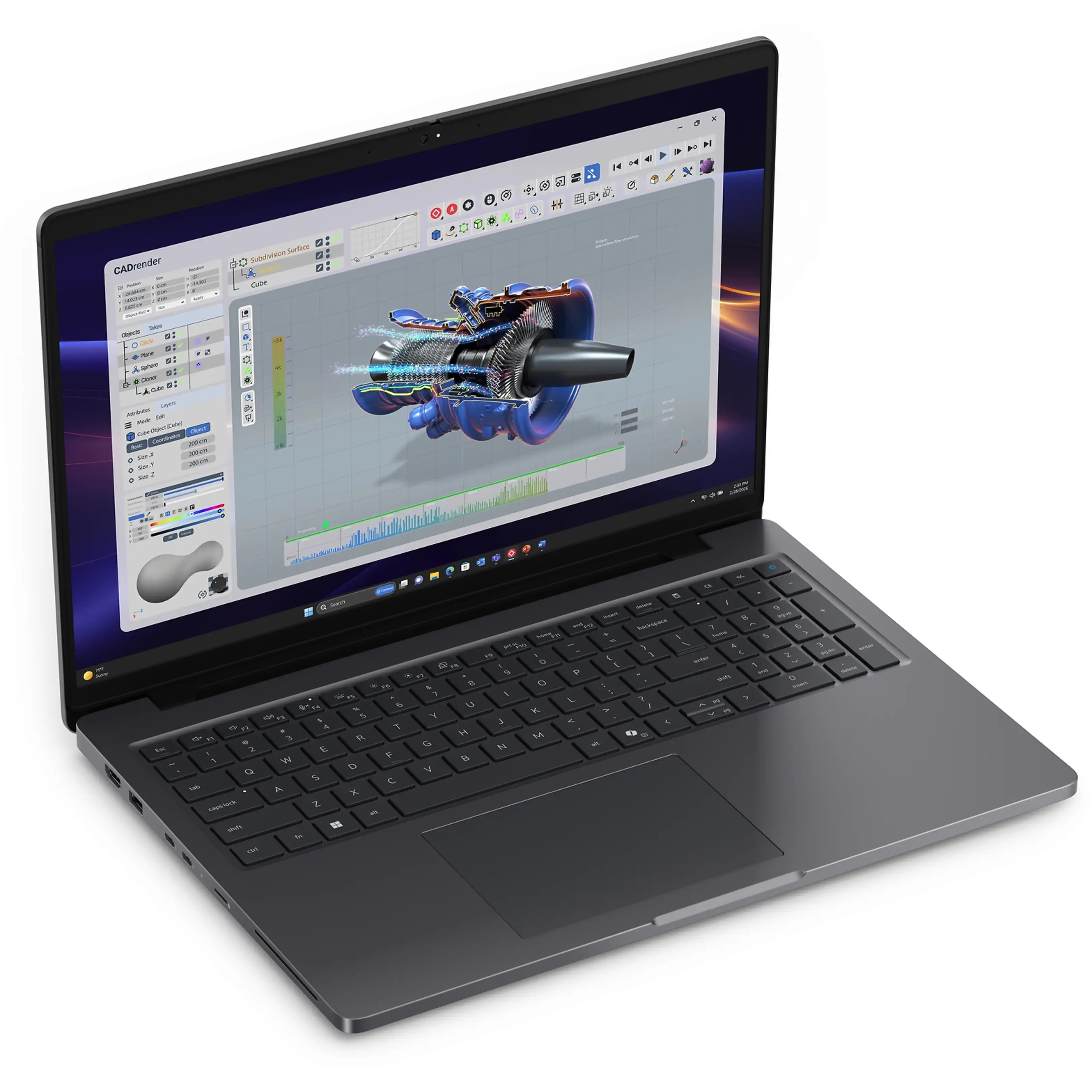 Un computer portatile grigio su sfondo bianco mostra un software CAD 3D con un modello di turbina sullo schermo.