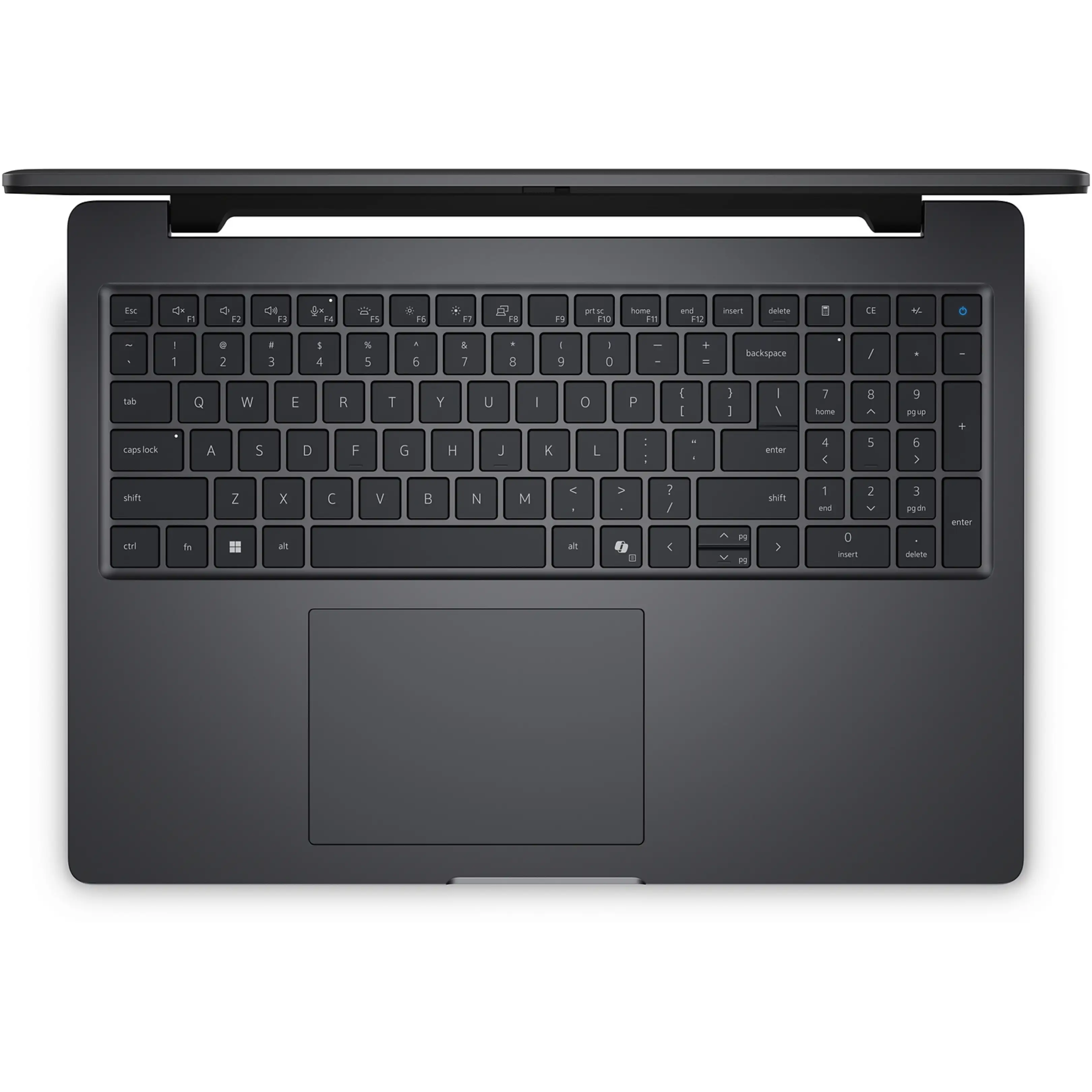 Vista dall'alto di una tastiera di laptop scura con tastierino numerico e touchpad su superficie grigia.