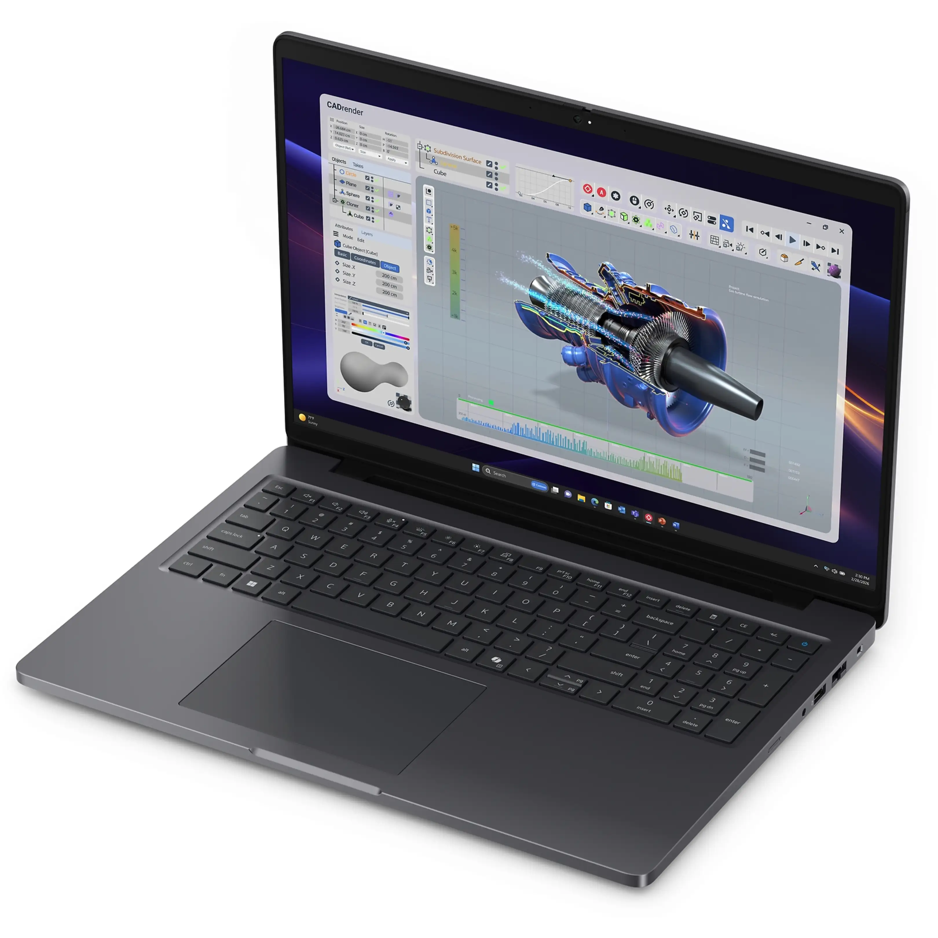 Un laptop grigio scuro aperto mostra un software CAD con il modello 3D di una turbina sullo schermo.