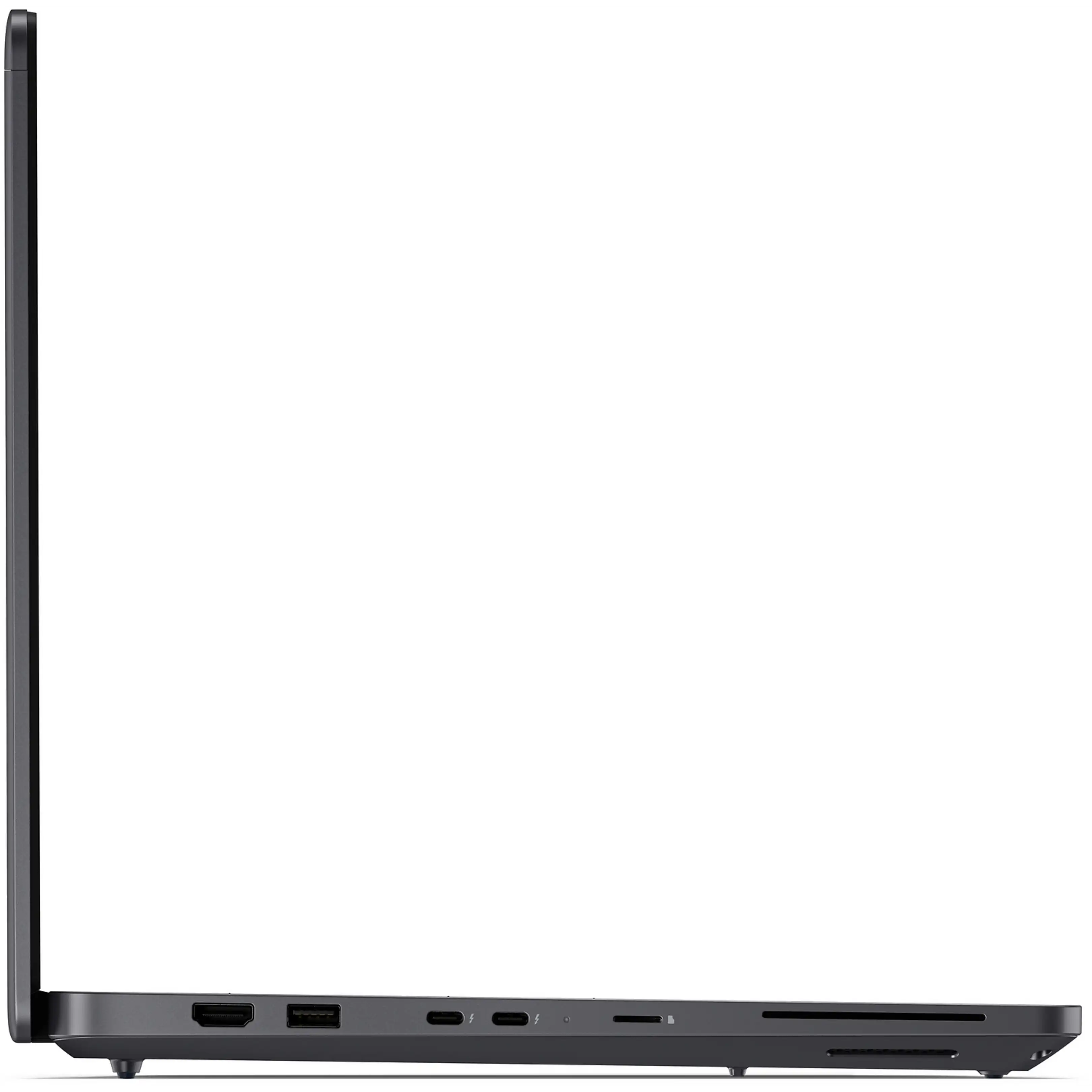 Profilo del lato sinistro di un laptop scuro chiuso che mostra le porte.