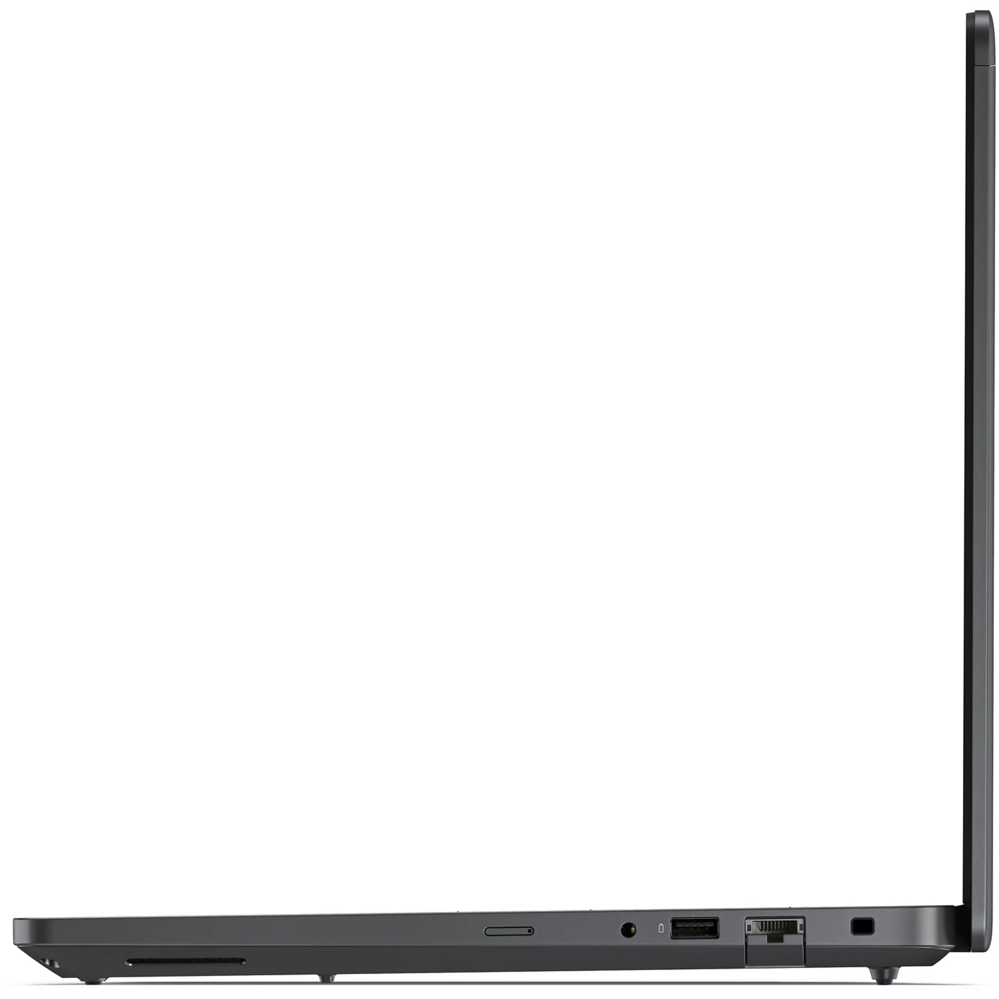 Vista laterale di un laptop scuro chiuso con varie porte visibili lungo il bordo.
