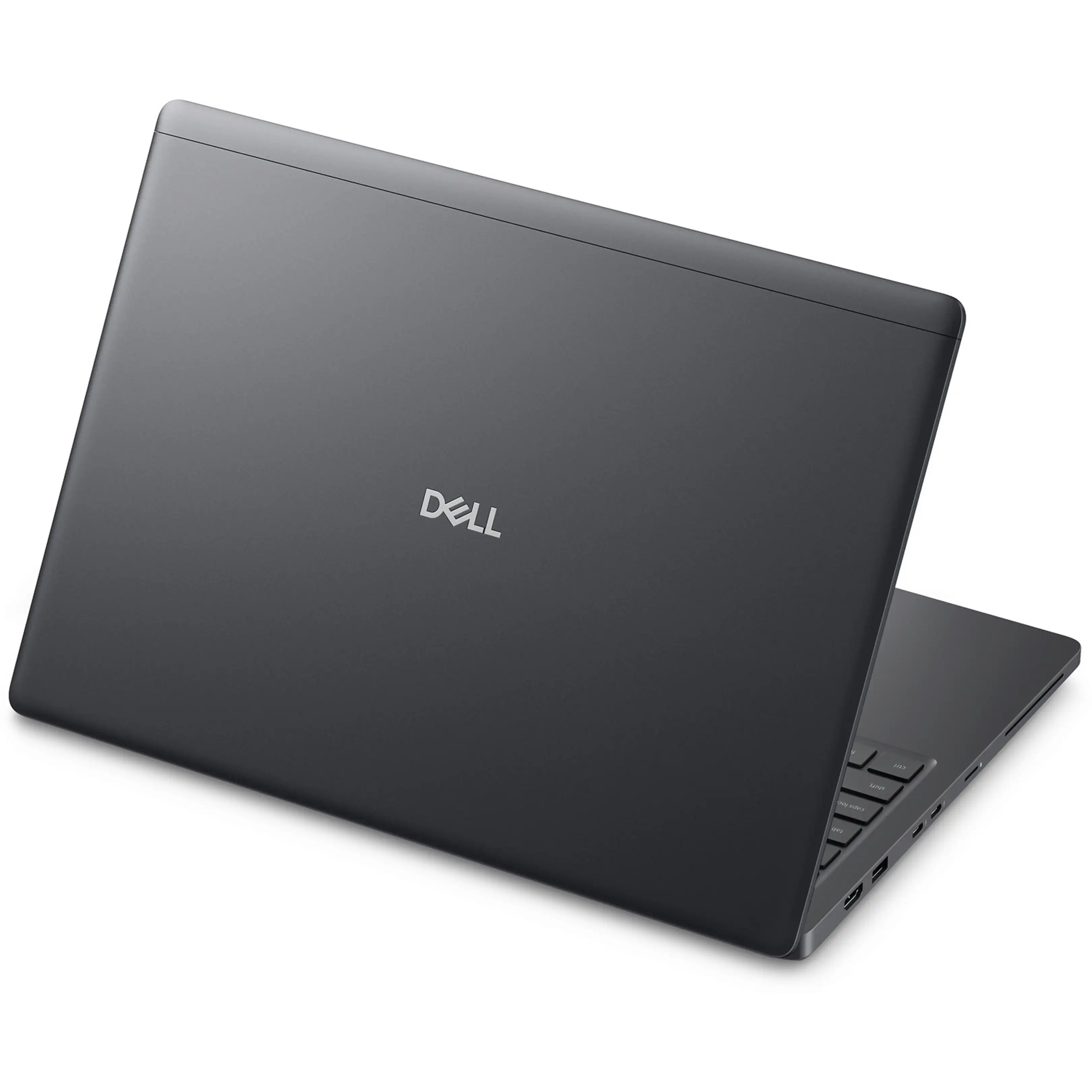 Un computer portatile Dell grigio scuro chiuso visto da dietro, con il logo Dell metallico al centro.
