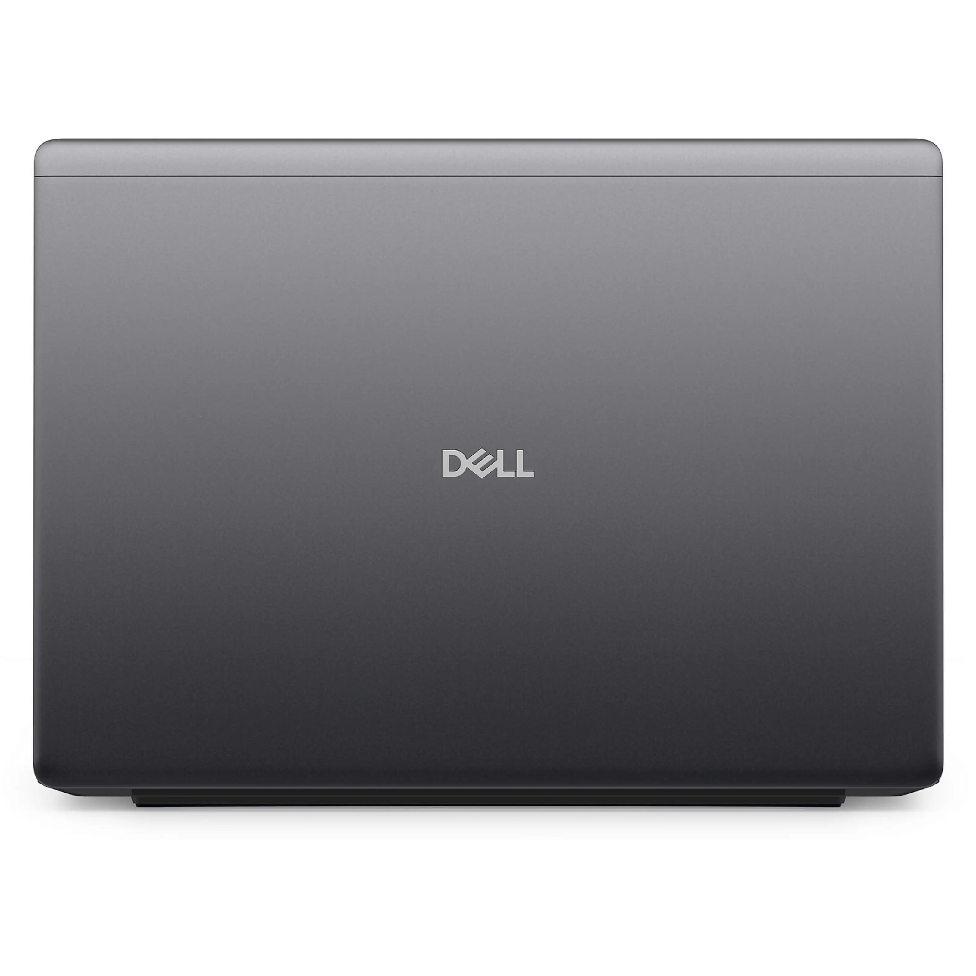 Laptop Dell grigio chiuso visto dall'alto, con logo argentato su sfondo bianco.