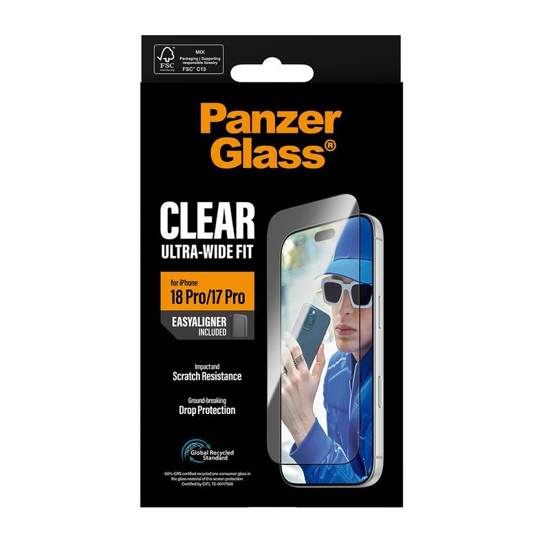 iPhone 18 Pro/17 Pro için PanzerGlass ekran koruyucu ambalajı, koruyuculu bir telefon gösteriyor.