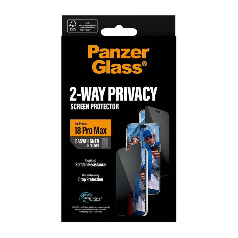 Siyah ve turuncu detaylara sahip iPhone için PanzerGlass 2-Way Privacy ekran koruyucu ambalajı.
