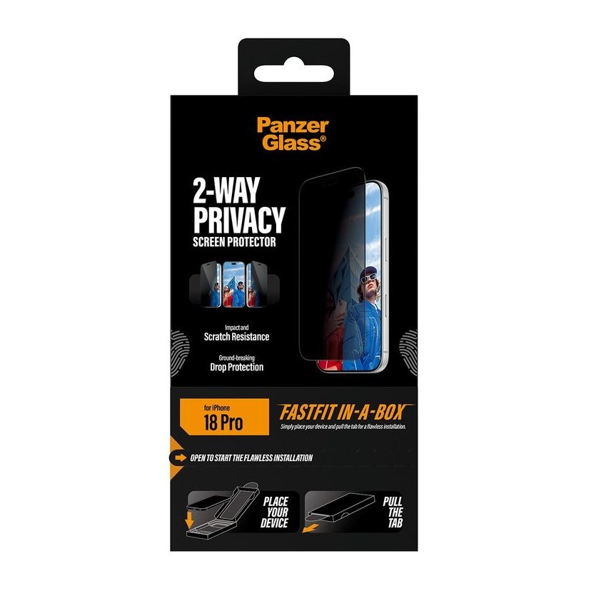 FastFit kurulum talimatlarına sahip iPhone 18 Pro için PanzerGlass 2 Yönlü Gizlilik Ekran Koruyucu kutusu.