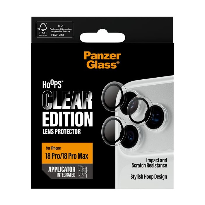 Şeffaf halkalar ve ürün bilgileri içeren akıllı telefonlar için PanzerGlass Hoops lens koruyucu kutusu.