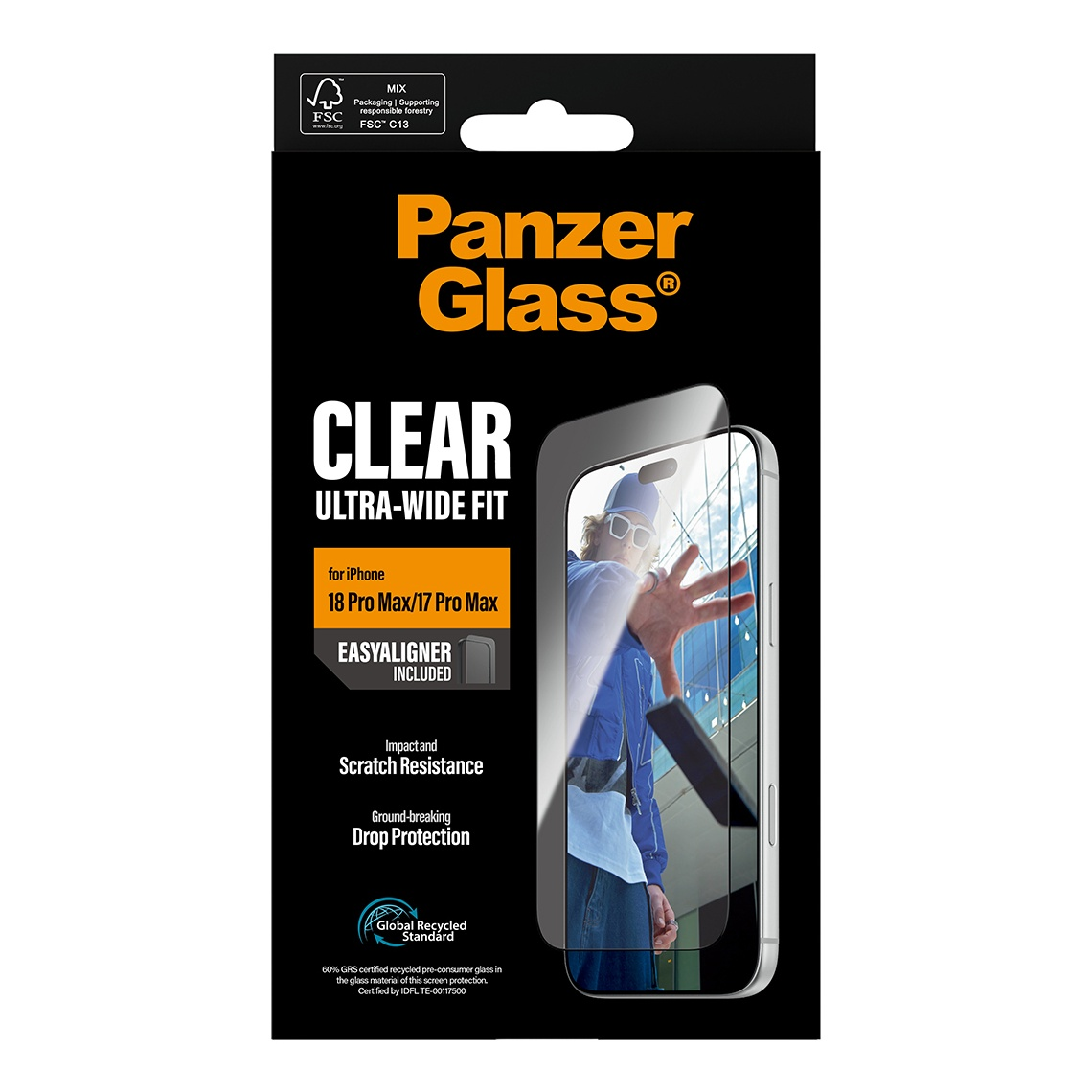 Confezione nera PanzerGlass per iPhone con schermo e testo.