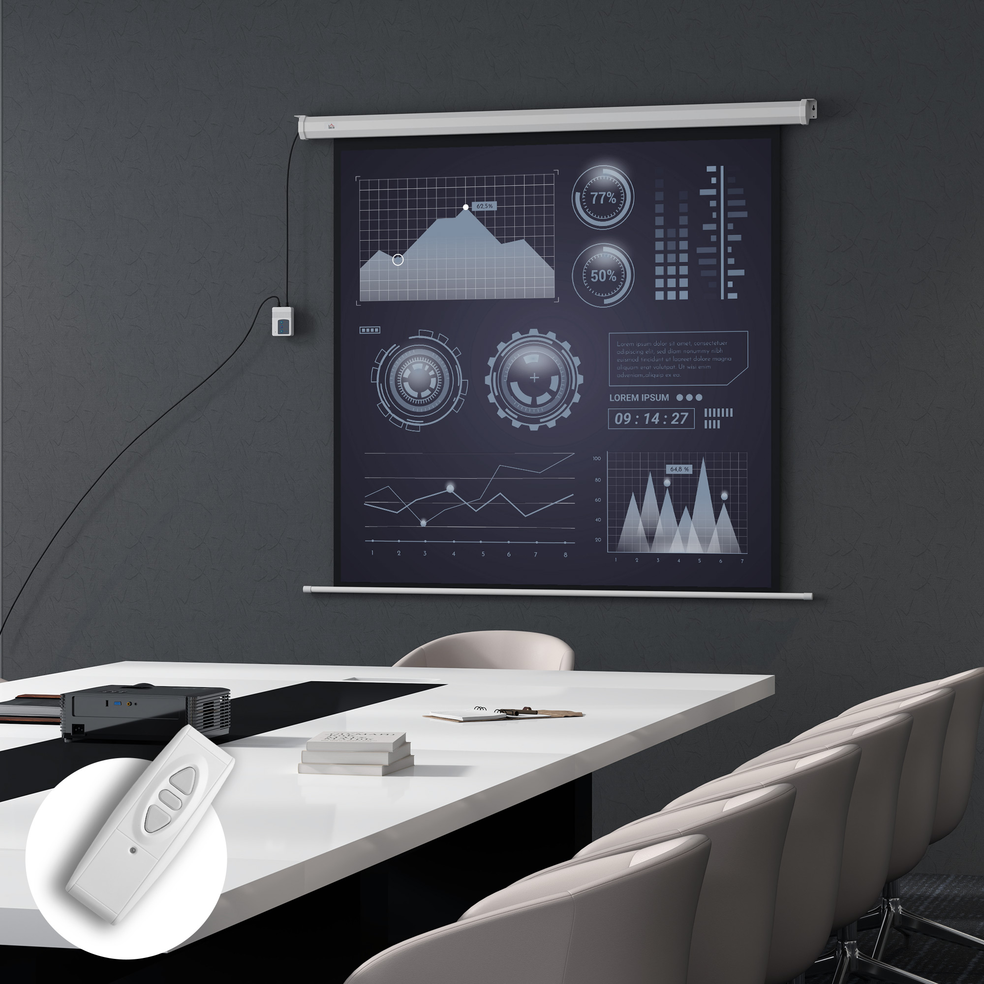 Sala riunioni con tavolo bianco, proiettore, telecomando e grafici proiettati sulla parete scura.