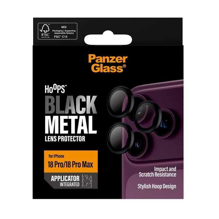 Siyah halkalı ve mor telefon grafikli iPhone için PanzerGlass Black Metal lens koruyucu ambalajı.