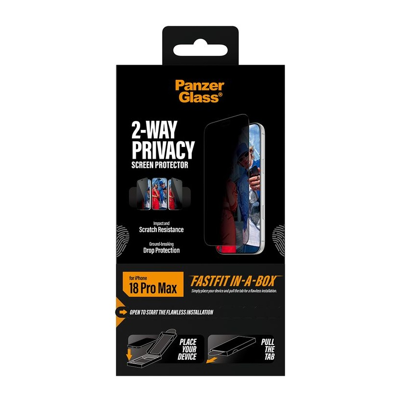 Pellicola protettiva per lo schermo PanzerGlass a 2 vie per iPhone 18 Pro Max in confezione nera.
