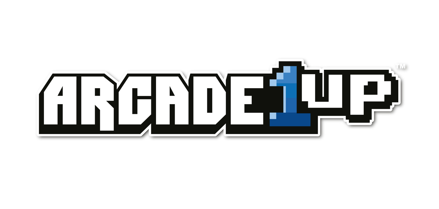 El logotipo de Arcade1Up con tipografía pixelada en blanco y azul sobre un fondo blanco.