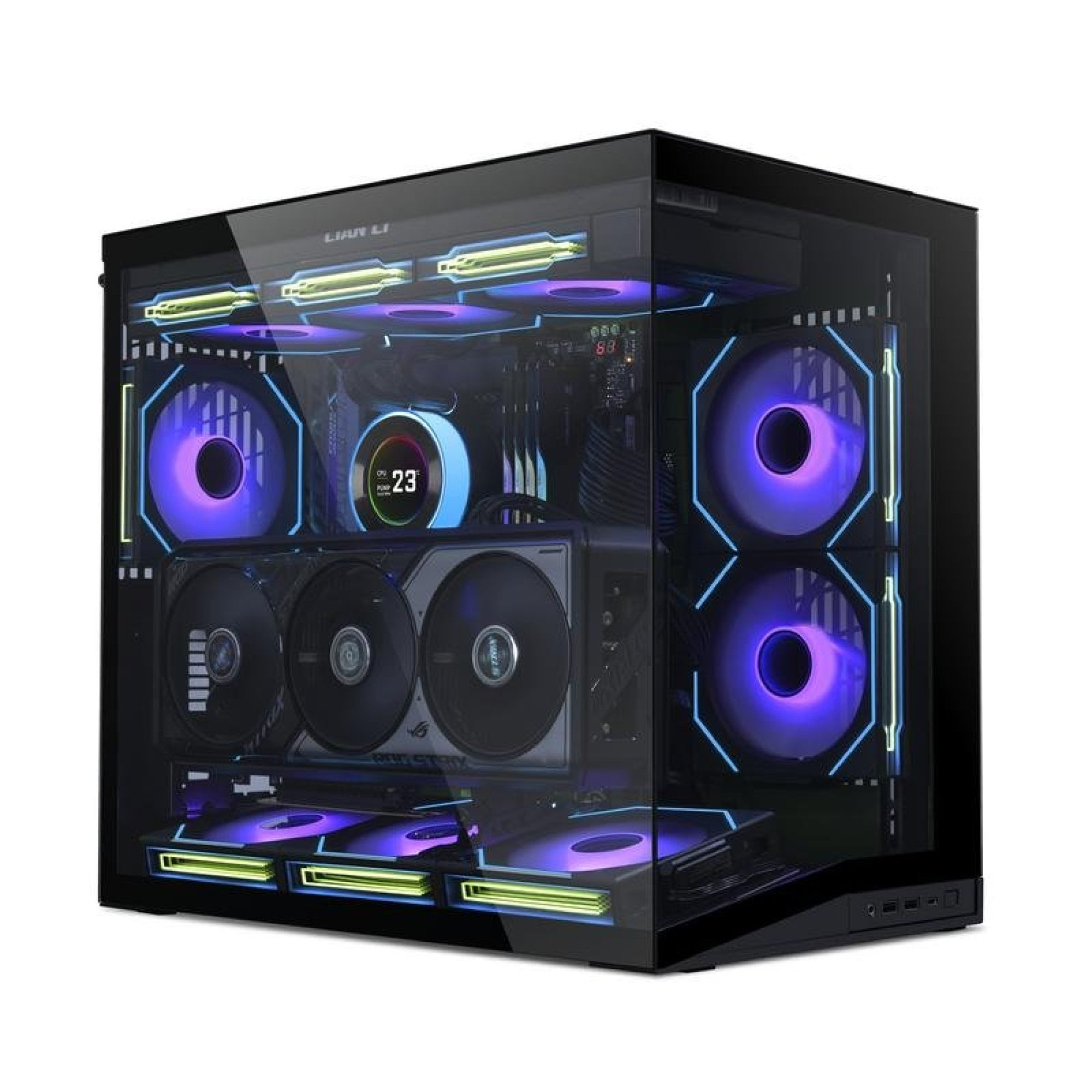 Una torre de PC negra con paneles de vidrio muestra componentes internos iluminados con vibrante iluminación RGB.