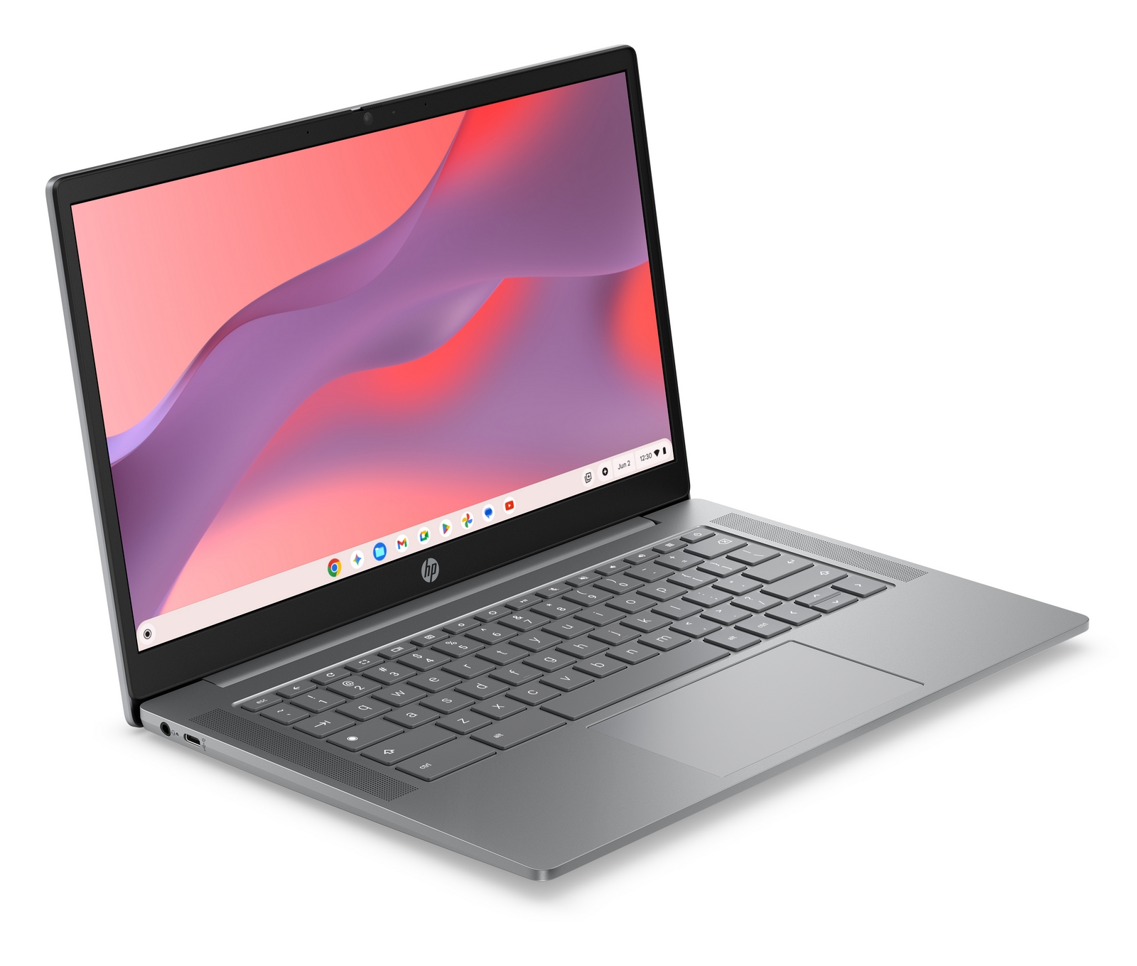 Un laptop argento con schermo colorato su sfondo bianco.