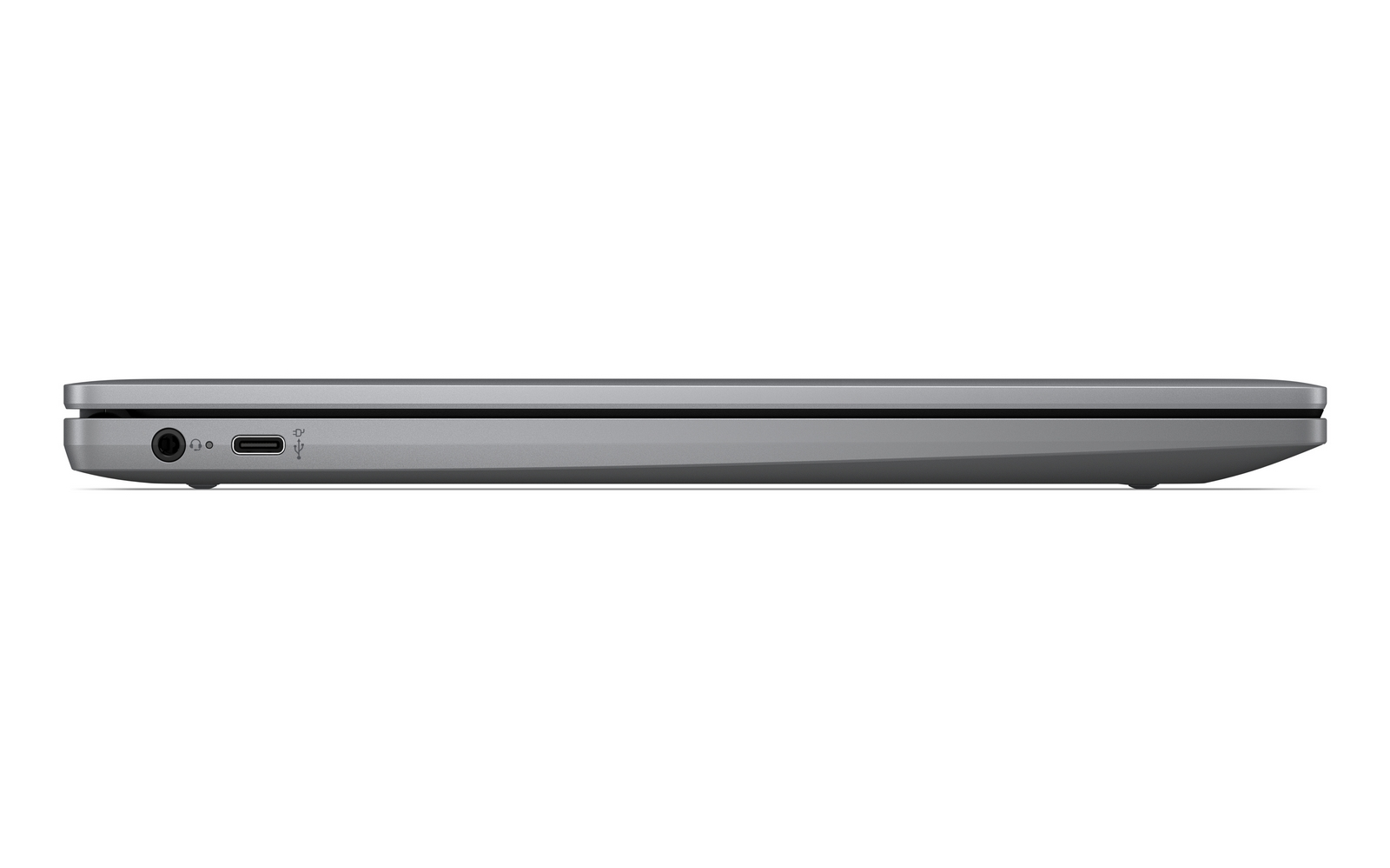 Vista laterale di un laptop grigio chiuso con jack per cuffie e porta USB-C su sfondo bianco.