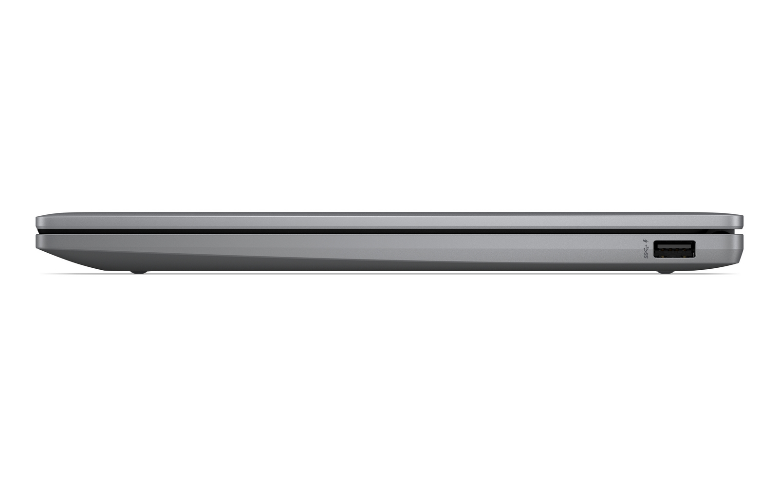 Vista laterale di un laptop grigio chiuso con una porta USB visibile.