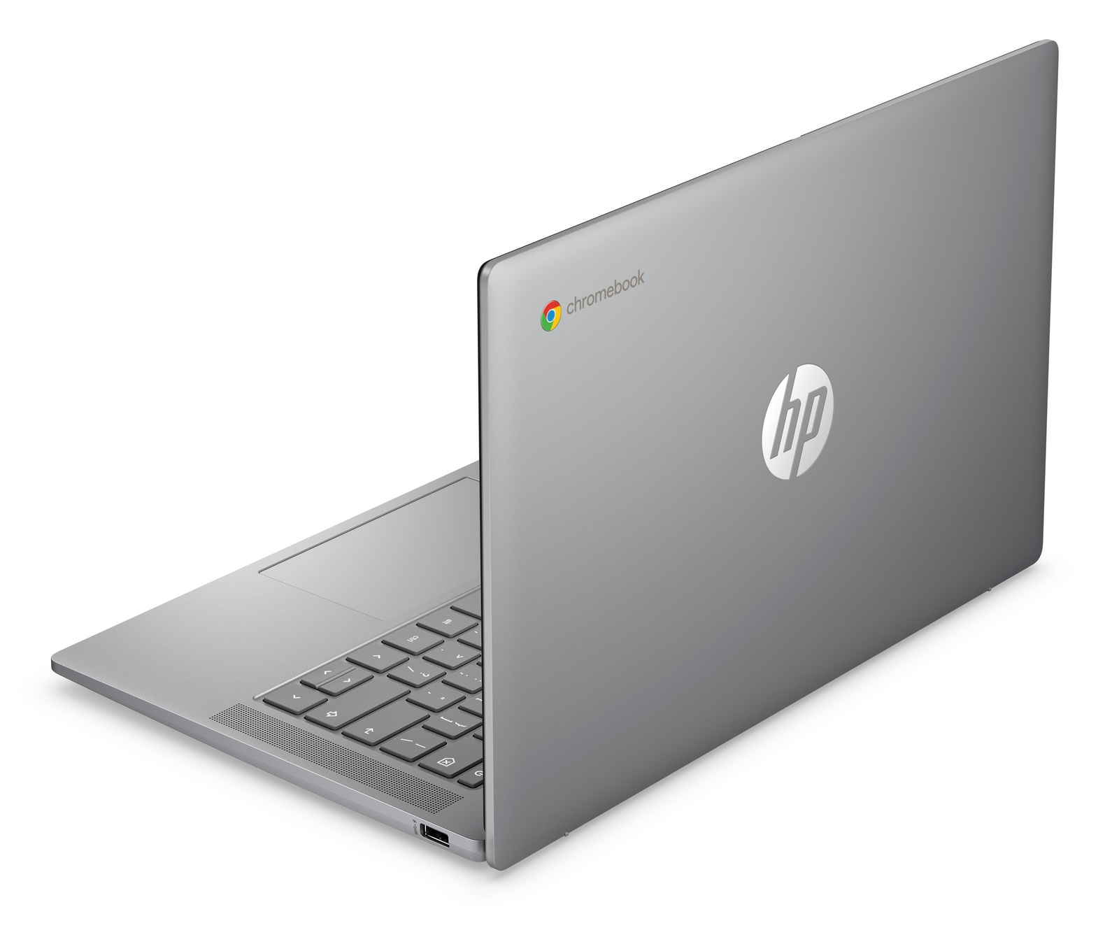 Un laptop HP Chromebook grigio chiuso su sfondo bianco, visto dall'angolo posteriore destro.