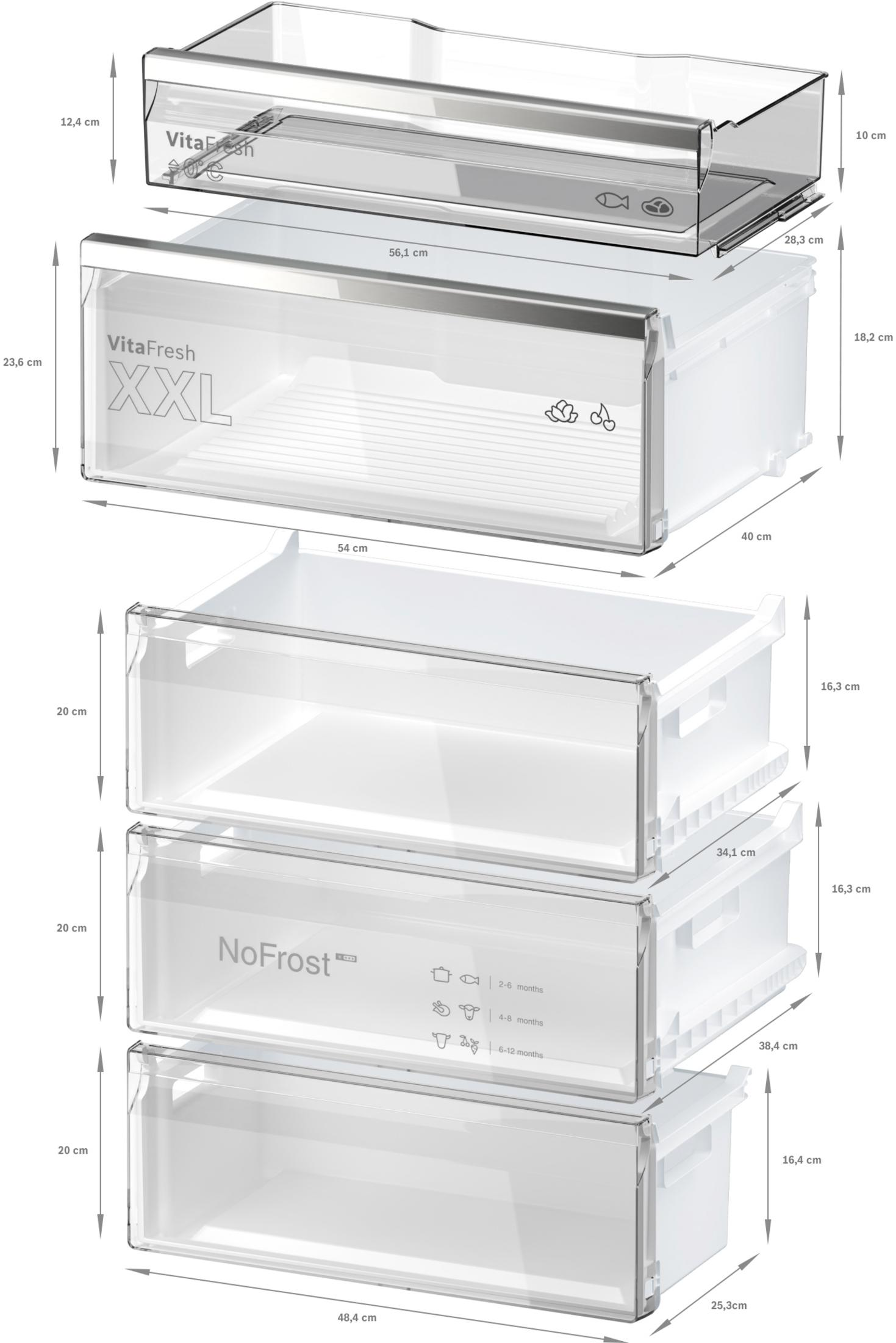 Verschiedene transparente Kühlschrank-Schubladen mit Maßangaben in Zentimetern.