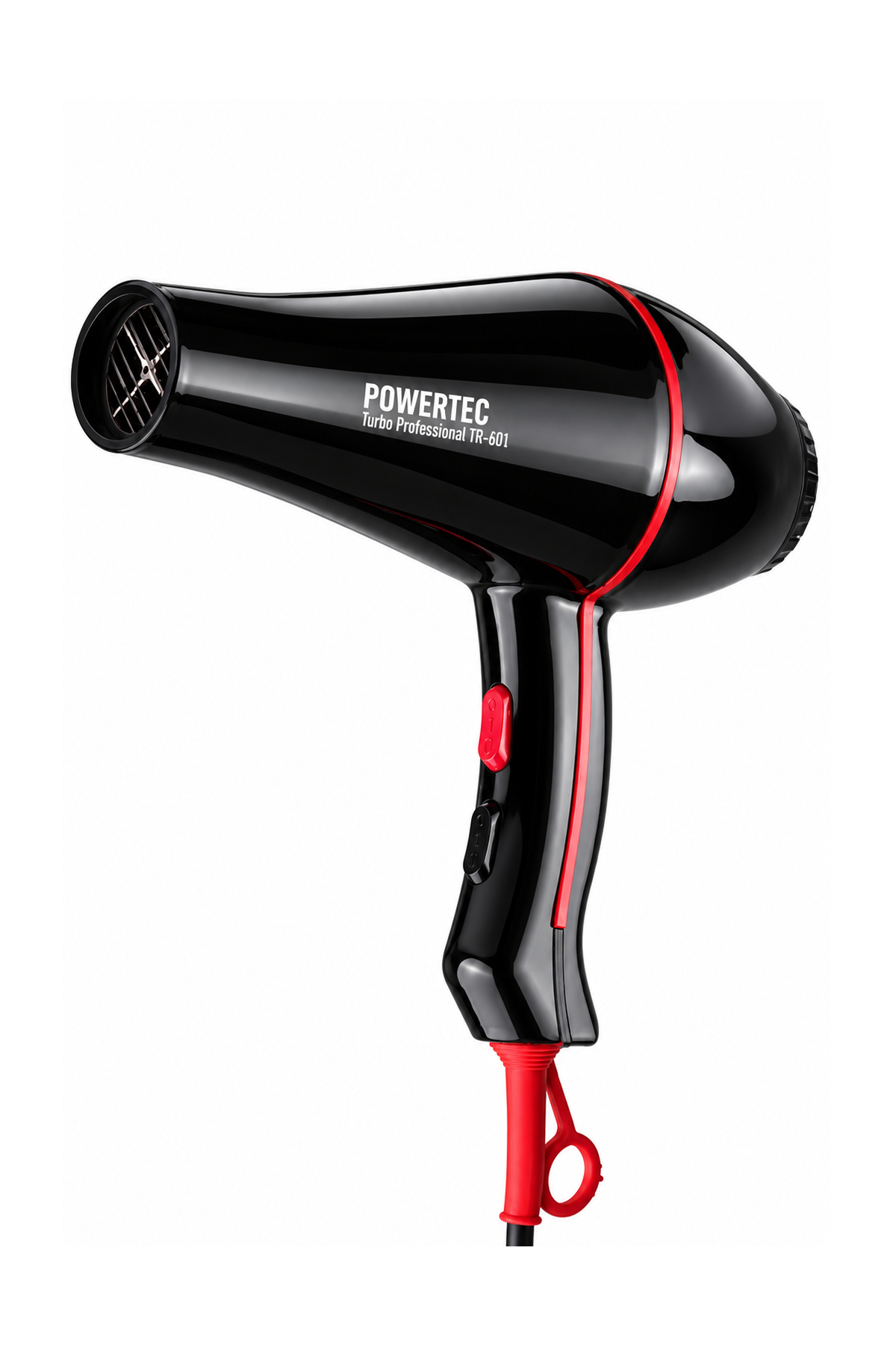 Kırmızı detaylara sahip parlak siyah saç kurutma makinesi, üzerinde POWERTEC Turbo Professional TR-601 yazıyor.