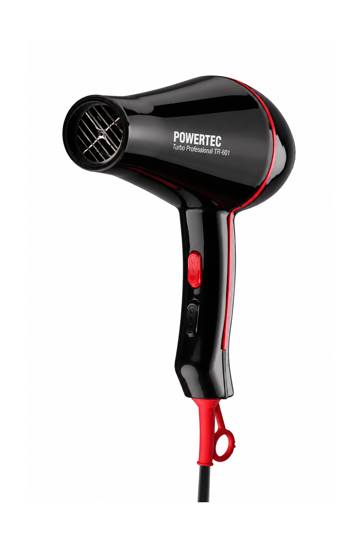 Beyaz arka planda kırmızı detaylı siyah Powertec Turbo Professional saç kurutma makinesi.