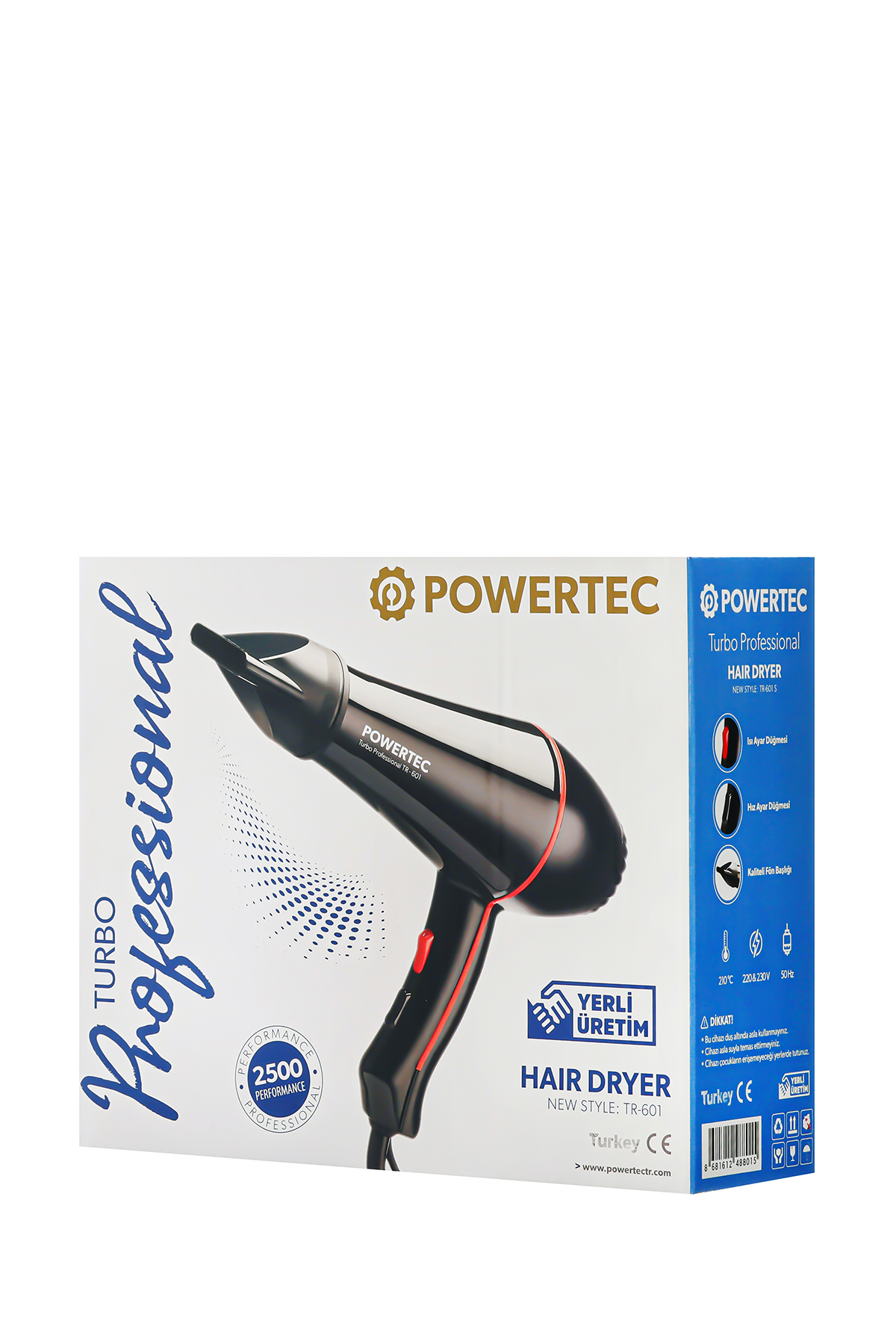 Kırmızı detaylı ve teknik bilgilerin yer aldığı siyah Powertec saç kurutma makinesi kutusu.
