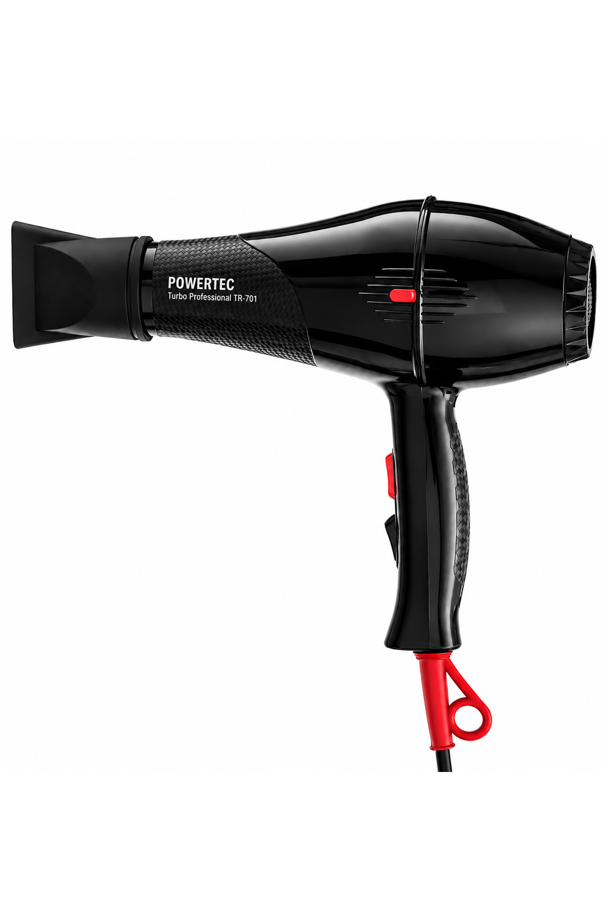 Beyaz arka planda kırmızı düğmelere ve başlığa sahip siyah Powertec Turbo Professional TR-701 saç kurutma makinesi.