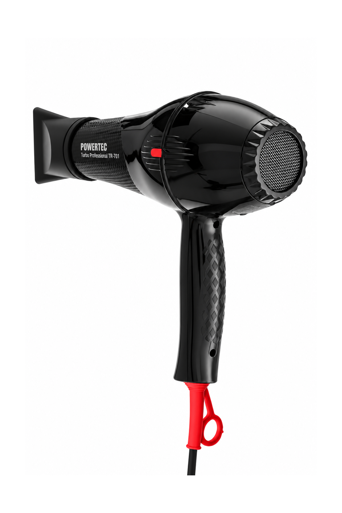 Beyaz arka planda kırmızı kablolu ve başlıklı siyah Powertec saç kurutma makinesi.